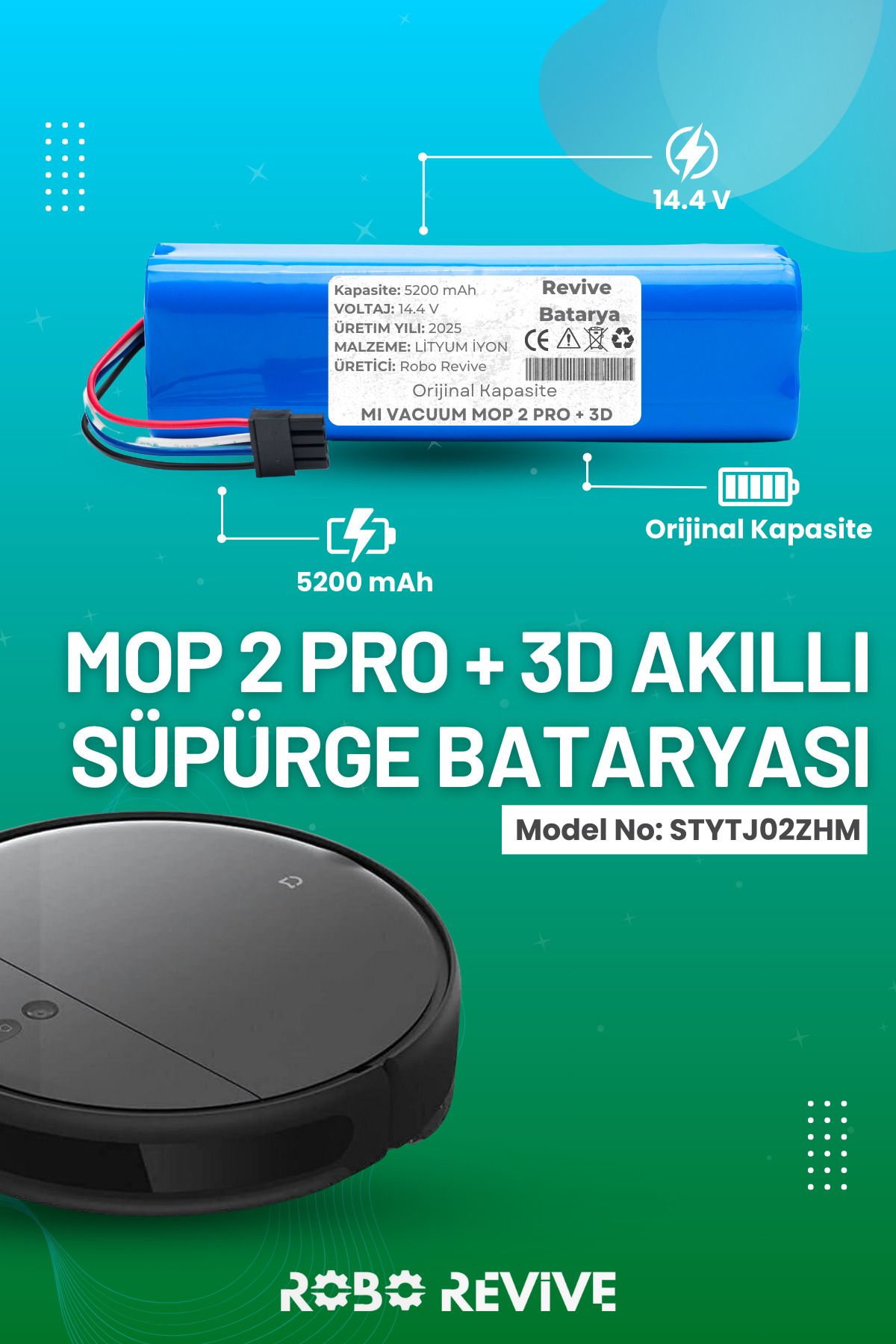 Robo Revive Xiaomi Mi Vacuum Mop 2 Pro Plus 3d Robot Süpürge Bataryası (ORİJİNAL KAPASİTE) 14.4v 5200mah Pil