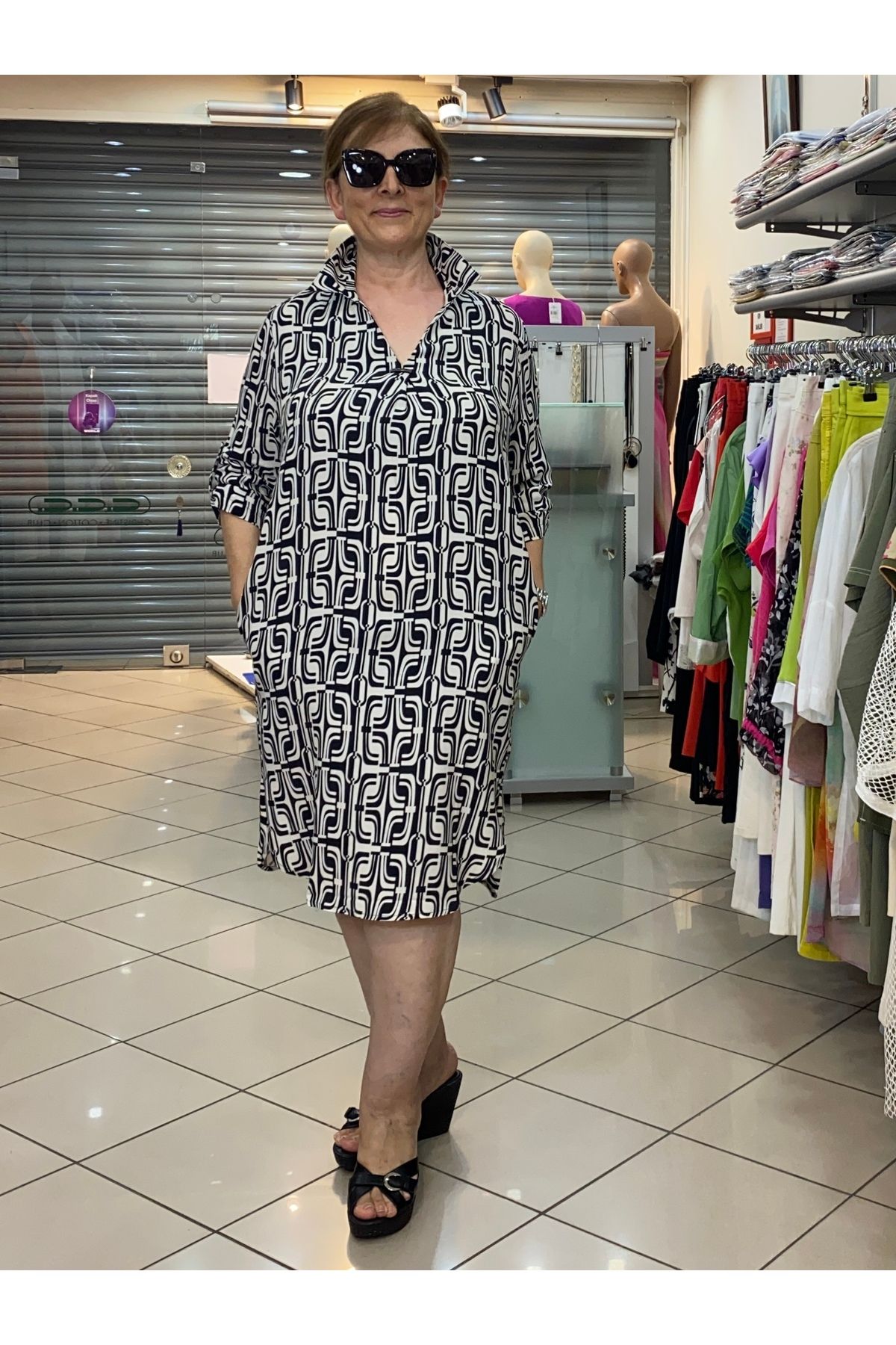 ELLA CAMELIA GEOMETRİK DESENLİ GÖMLEK ELBİSE