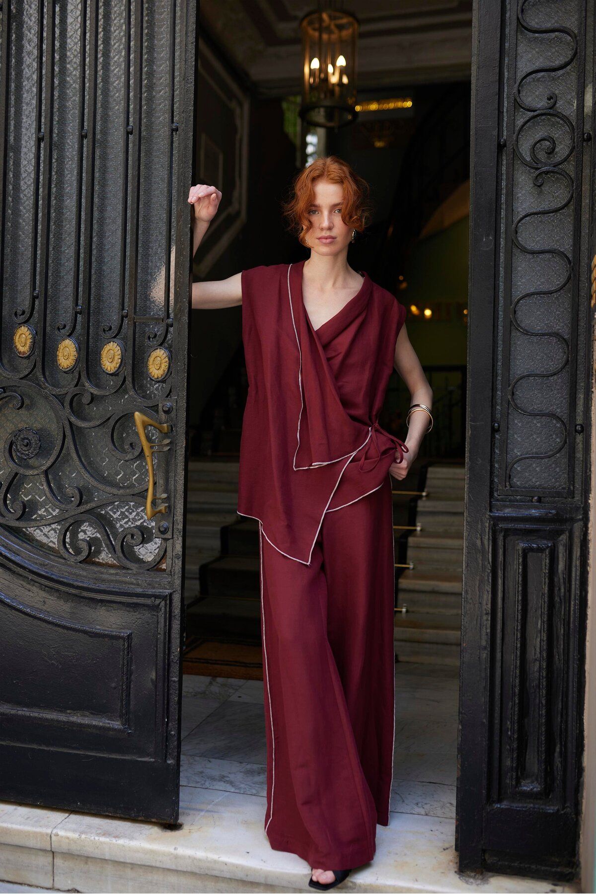 Lady Pixie Çizgi Detay Tasarım Bağlamalı Kimono Takım