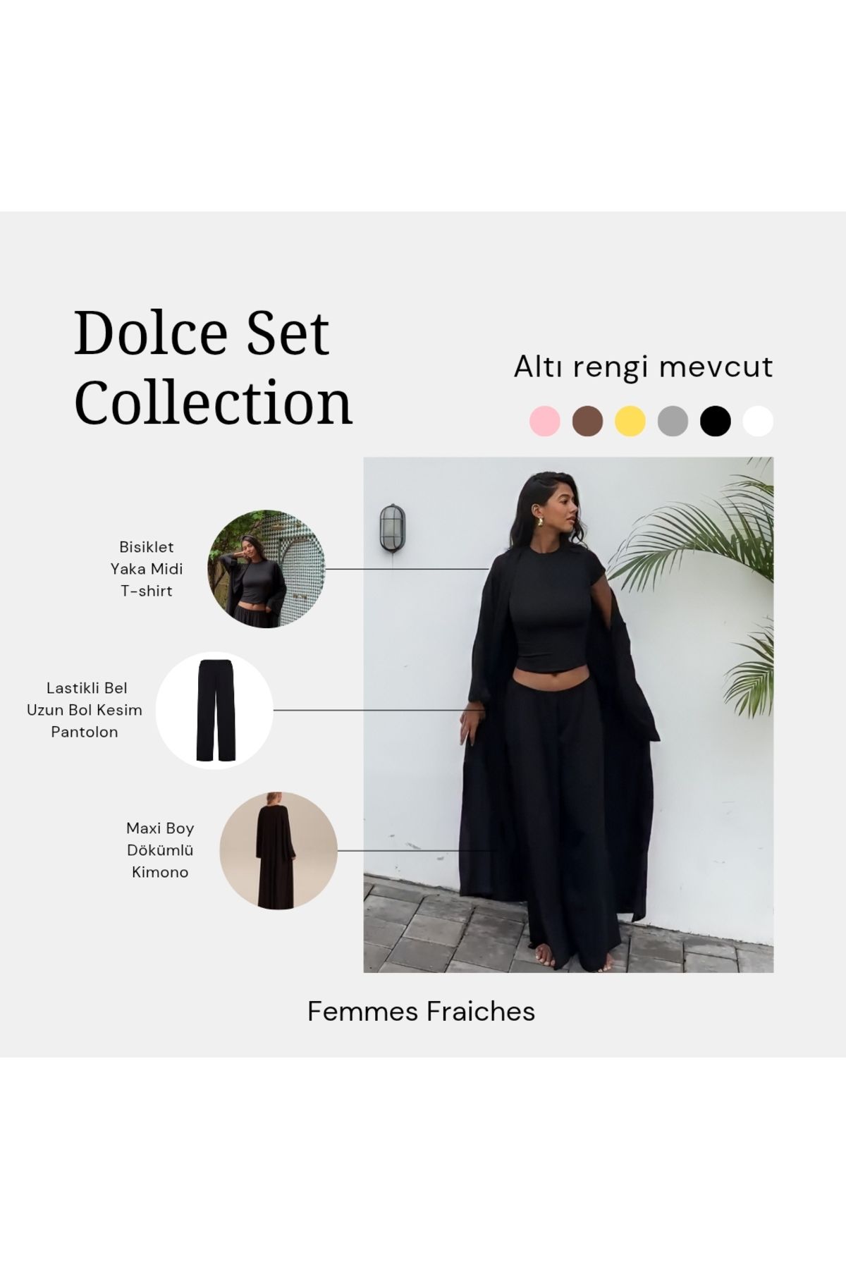 femmes fraiches Femmes Dolce Siyah Set ( Pantolon T-shirt Kimono )