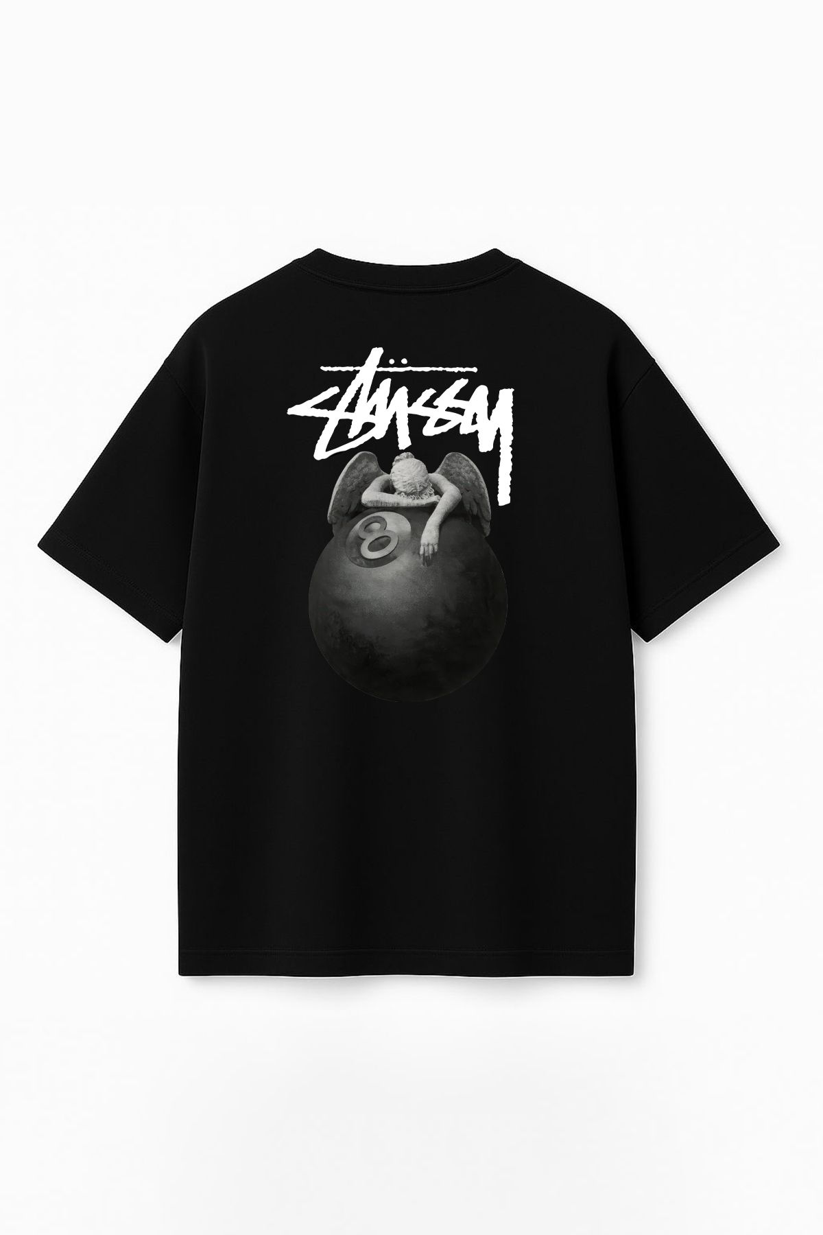 THE RULE Unisex Stüssy Melek Bilardo Topu Baskılı Oversize %100 Pamuk Geniş Kesim Bisiklet Yaka Tişört RF0530