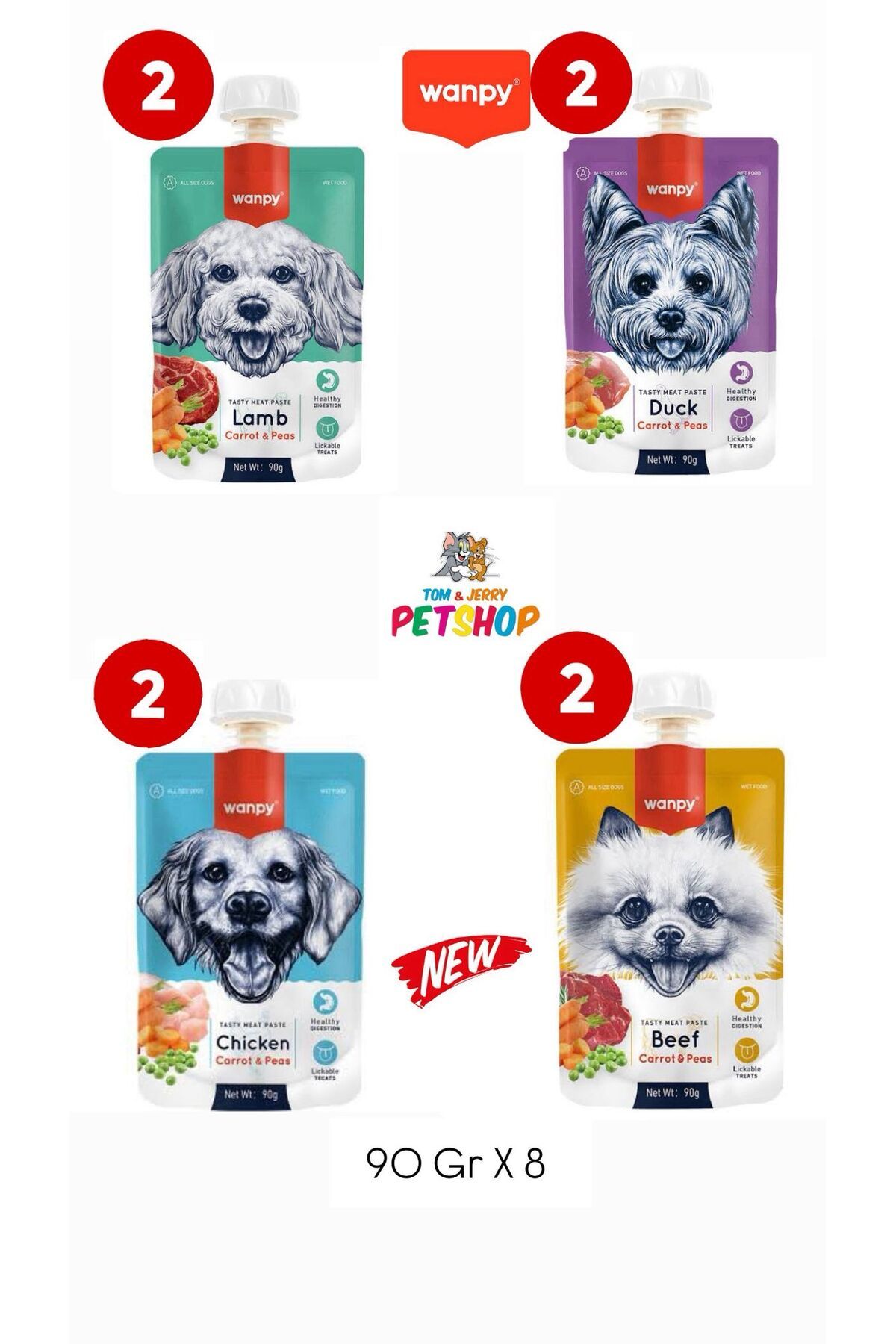 Wanpy TOM&JERRYPETSHOP-Taze Köpek Et Ezmesi (Ördek,Somon,Tavuk,Kuzu)4 Çeşit Karma 90 Gr. X 8 Adet