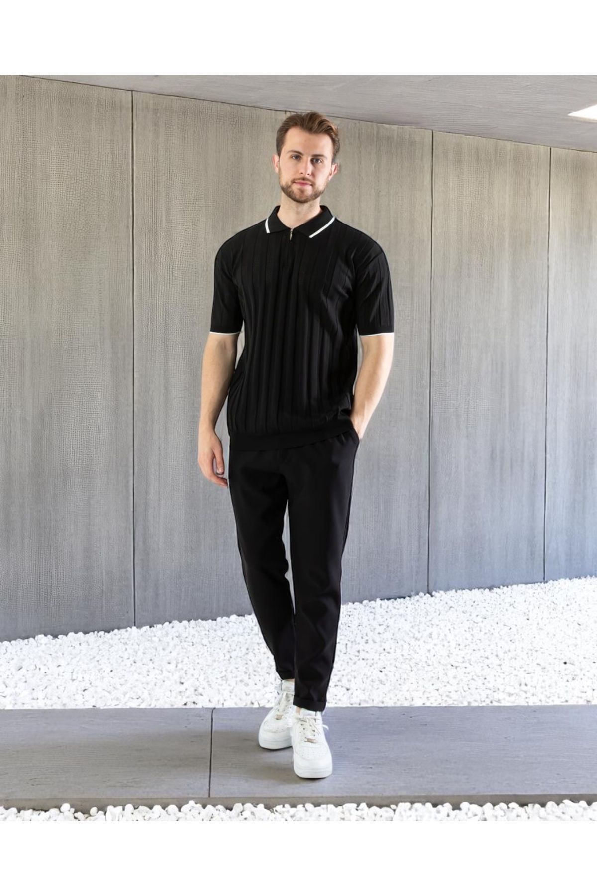 VOGUEMET Erkek Polo Yaka Fermuarlı Örgü Tişört | Hava Alan Desenli Yazlık Model