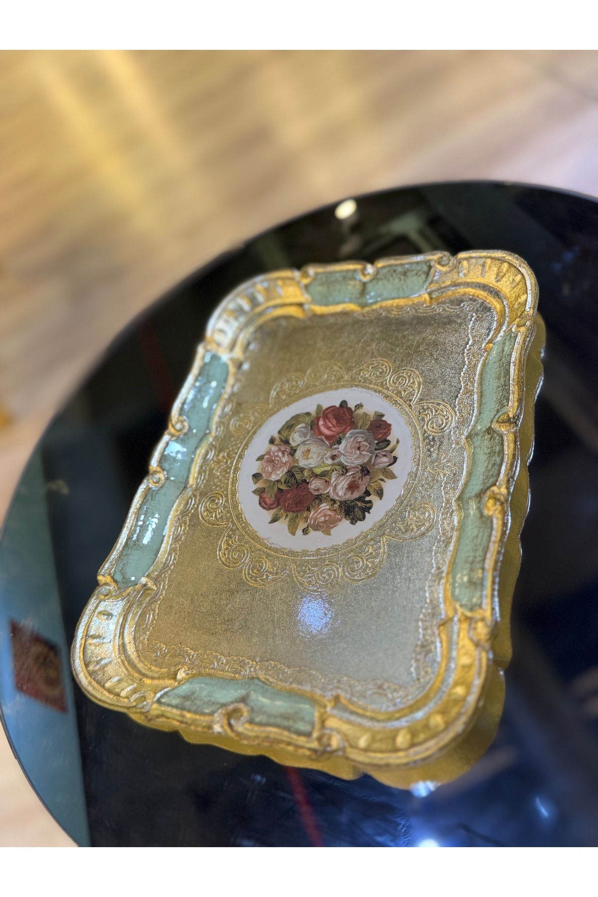 masi ESTERHOMEDECOR Tek kişilik orijinal Gül ağacı çiçkekli dikdörtgen sunum tepsisi 30cm Masi