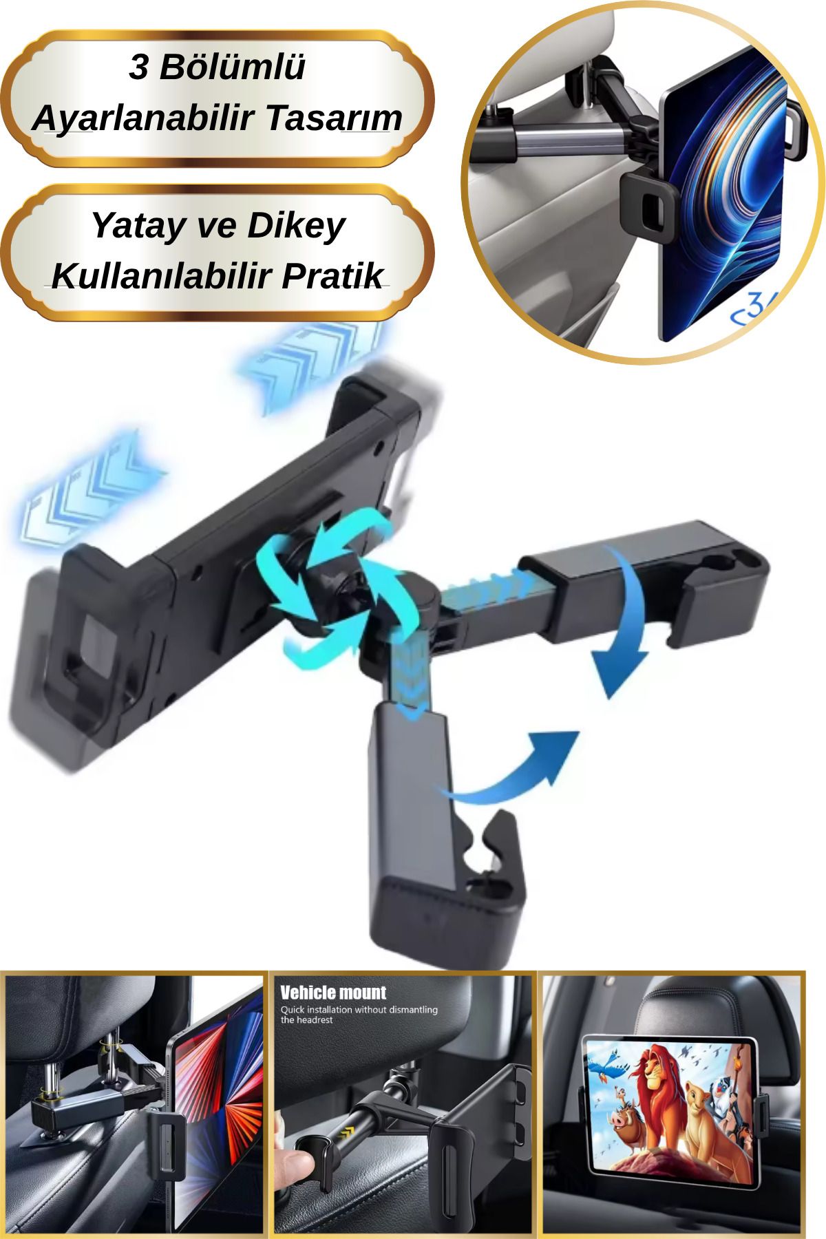 Hane Dostu 360° Döndürülebilir Ayarlanabilir | Yatay ve Dikey Kullanım Koltuk Arkası Tablet Telefon Tutucu