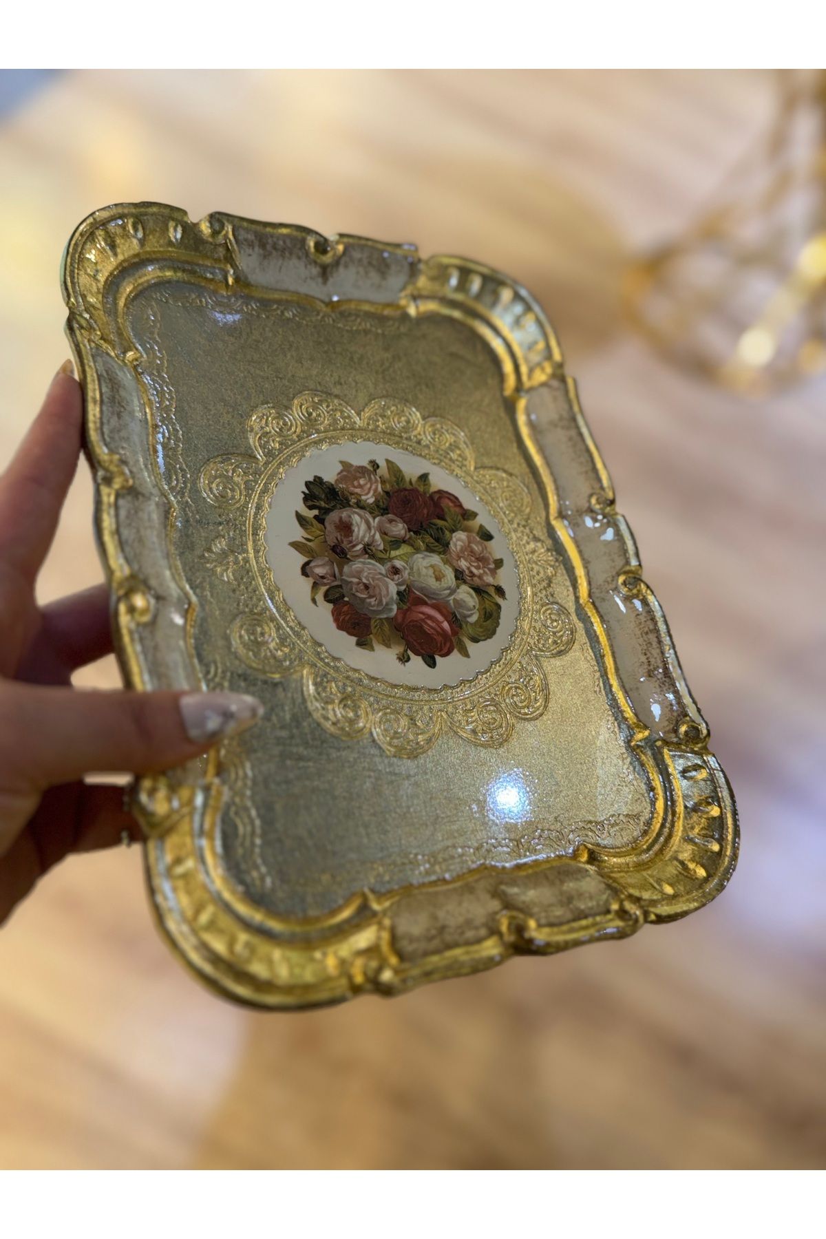 masi Esterhomedecor Tek Kişilik Orijinal Gül Ağacı Çiçekli Dikdörtgen Sunum Tepsisi 30cm