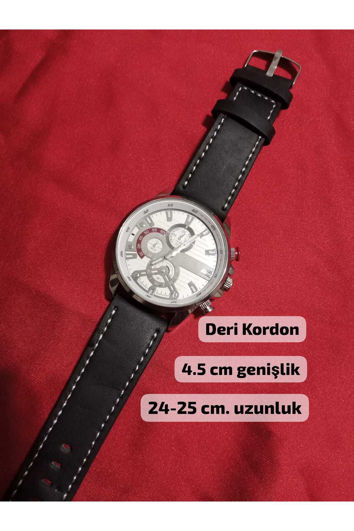 Brality Erkek kol Saati ... (Dikişli) Siyah Deri Kordon... Gümüş Renk Kasa Kırmızı Detaylı- 6075
