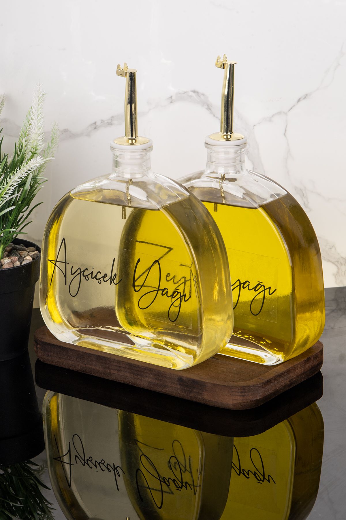 Dolkin Home 2li Lüx 500 ml Yağdanlık Ahşap Standlı Gold Kapak Cam Yağlık Zeytinyağı Ayçiçek Yağı Sosluk Sirkelik