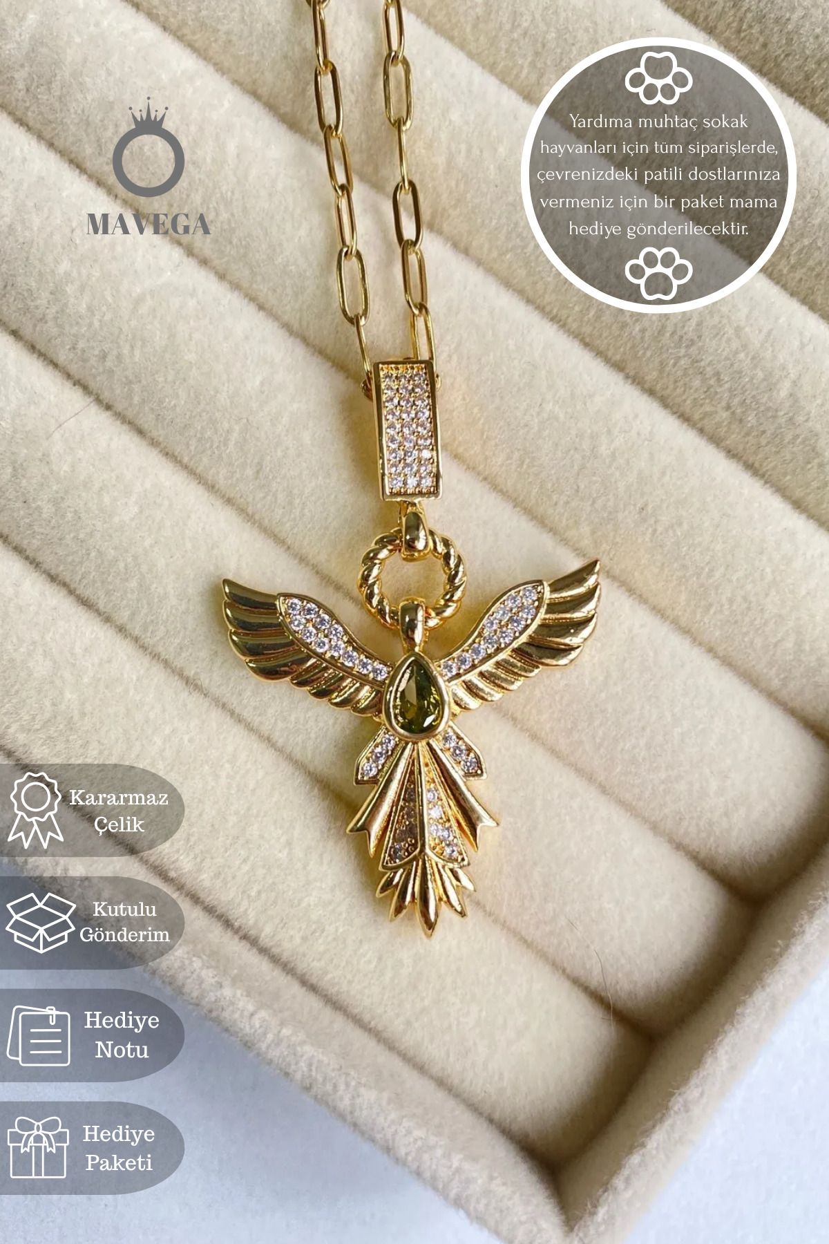 MAVEGA Kararmaz 316L Çelik Anka Kuşu Zirkon Taşlı Kadın Kolye | Altın Renk, 60 Cm