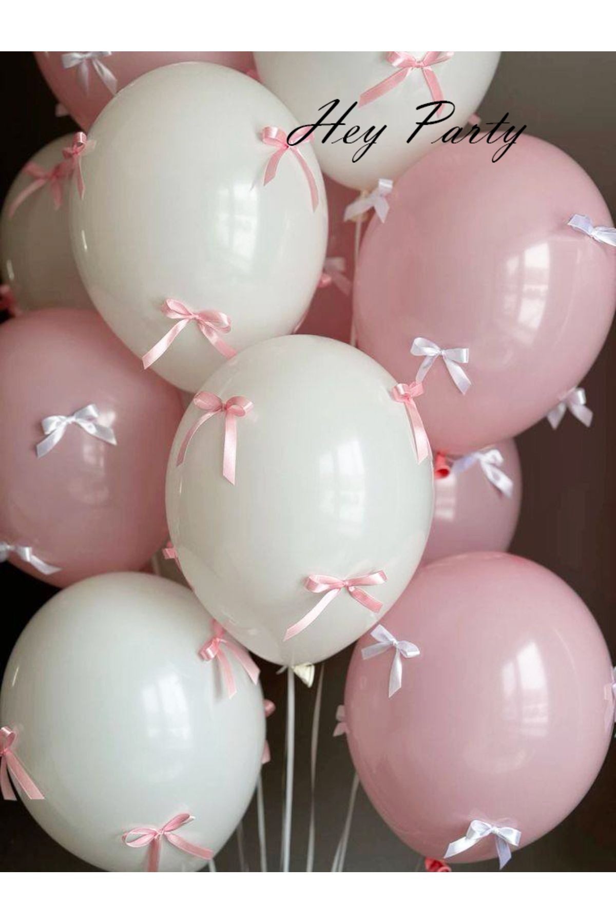 PartyPoo Pembe Fiyonk Kurdeleli - Pembe beyaz Balon Seti 10lu Doğum Günü Seti Fiyonklu Balon, Kurdeleli Balon