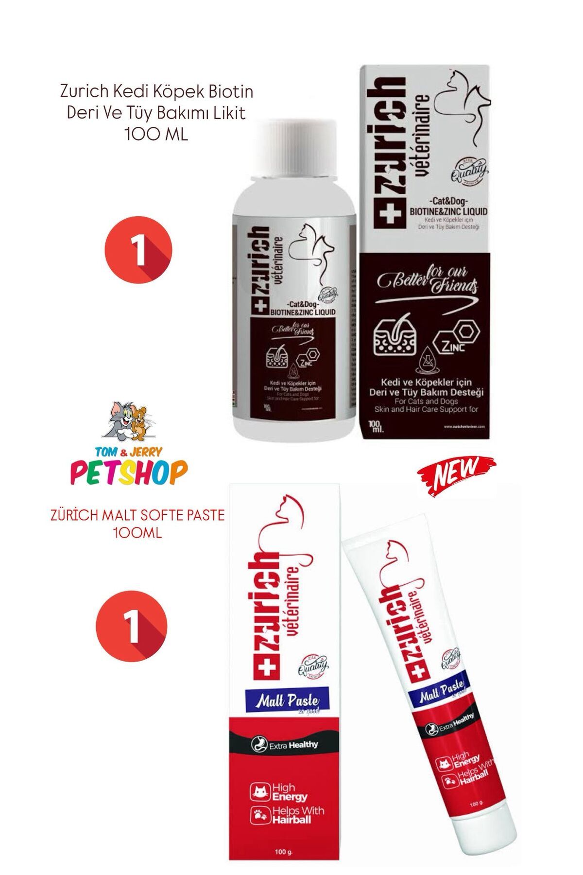Zurich Kedi Köpek Biotin Deri Ve Tüy Bakımı Likit 100 ML/Malt Softe Paste 100ML