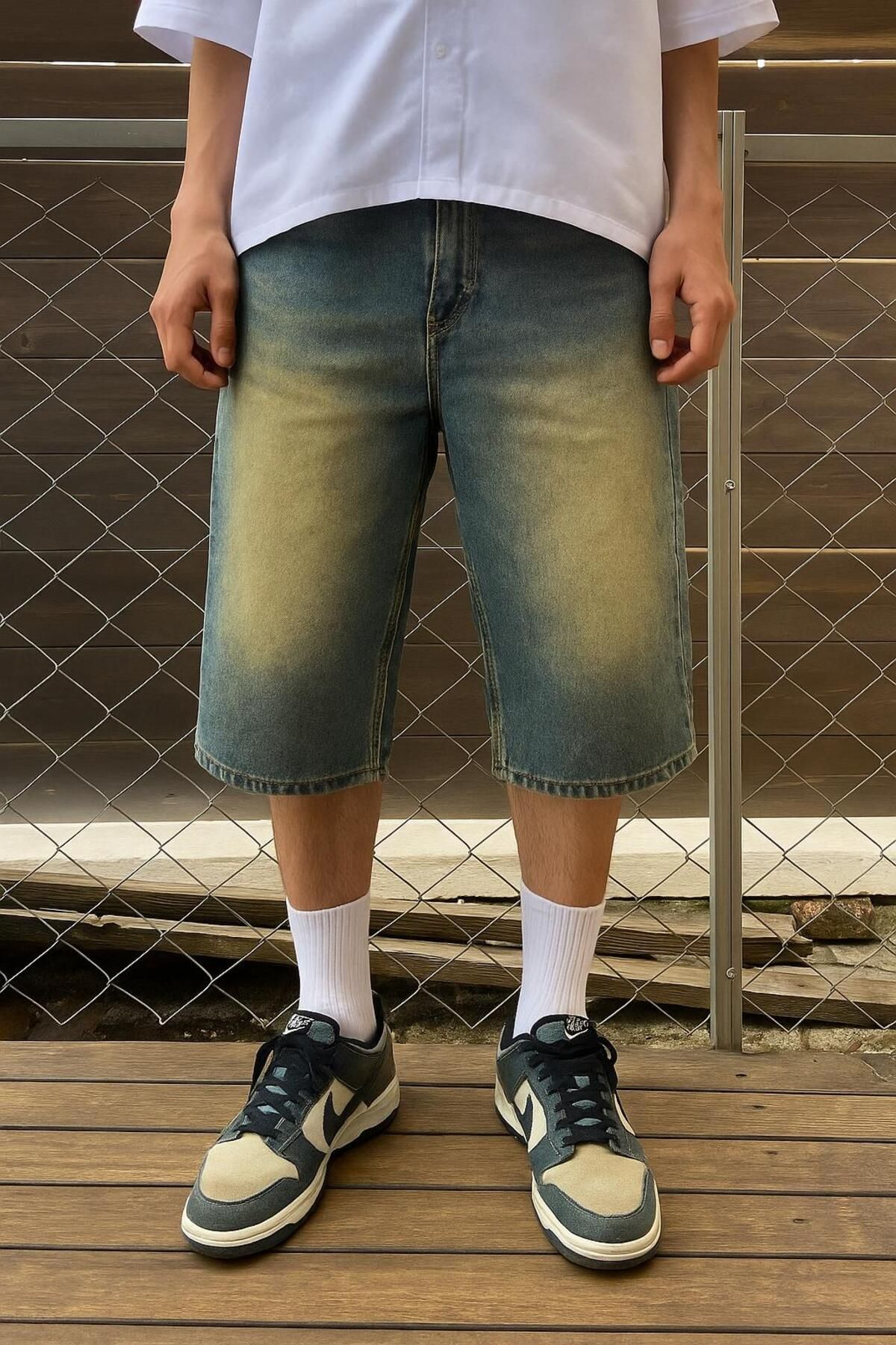 KOTOLOG Unisex Vintage Yıkamalı Retro Kalıp Baggy Jean Kapri Bermuda