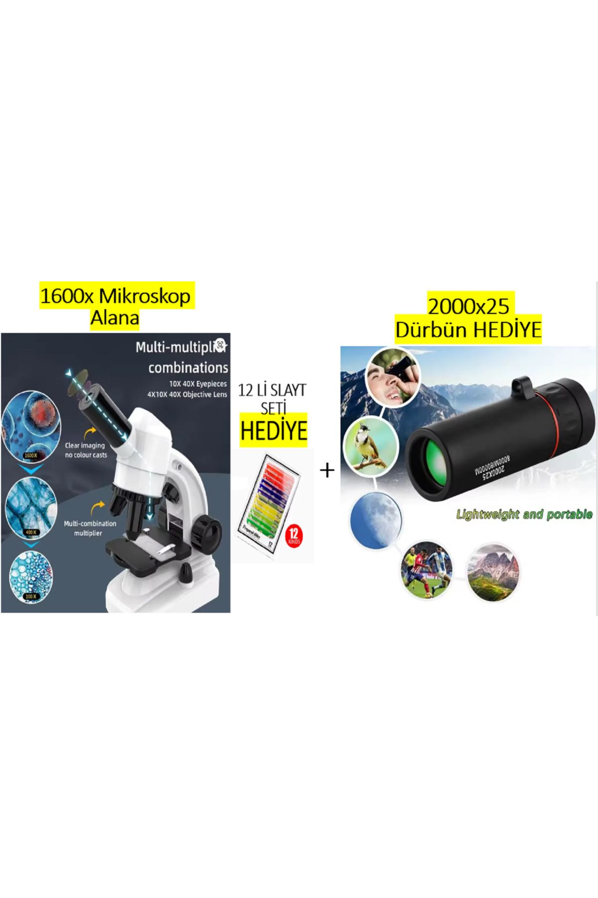 İMGESEL 1600X Mobil Telefon tutucu 2 Led ışıklı 12' örnek HEDİYELİ Mikroskop Seti Alana 2000x Dürbün HEDİYE