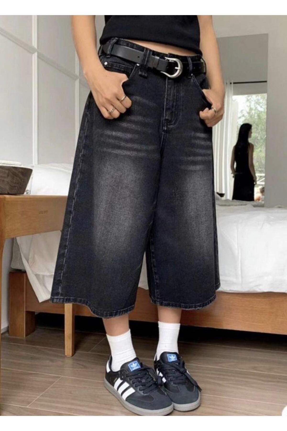KOTOLOG Unisex Vintage Yıkamalı Retro Kalıp Baggy Jean Kapri Bermuda
