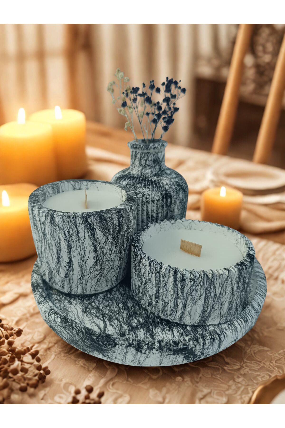 crafts tasarım atölyesi Crafts Tasarım 4 Lü Dekoratif Mum Seti Mermer Efektli