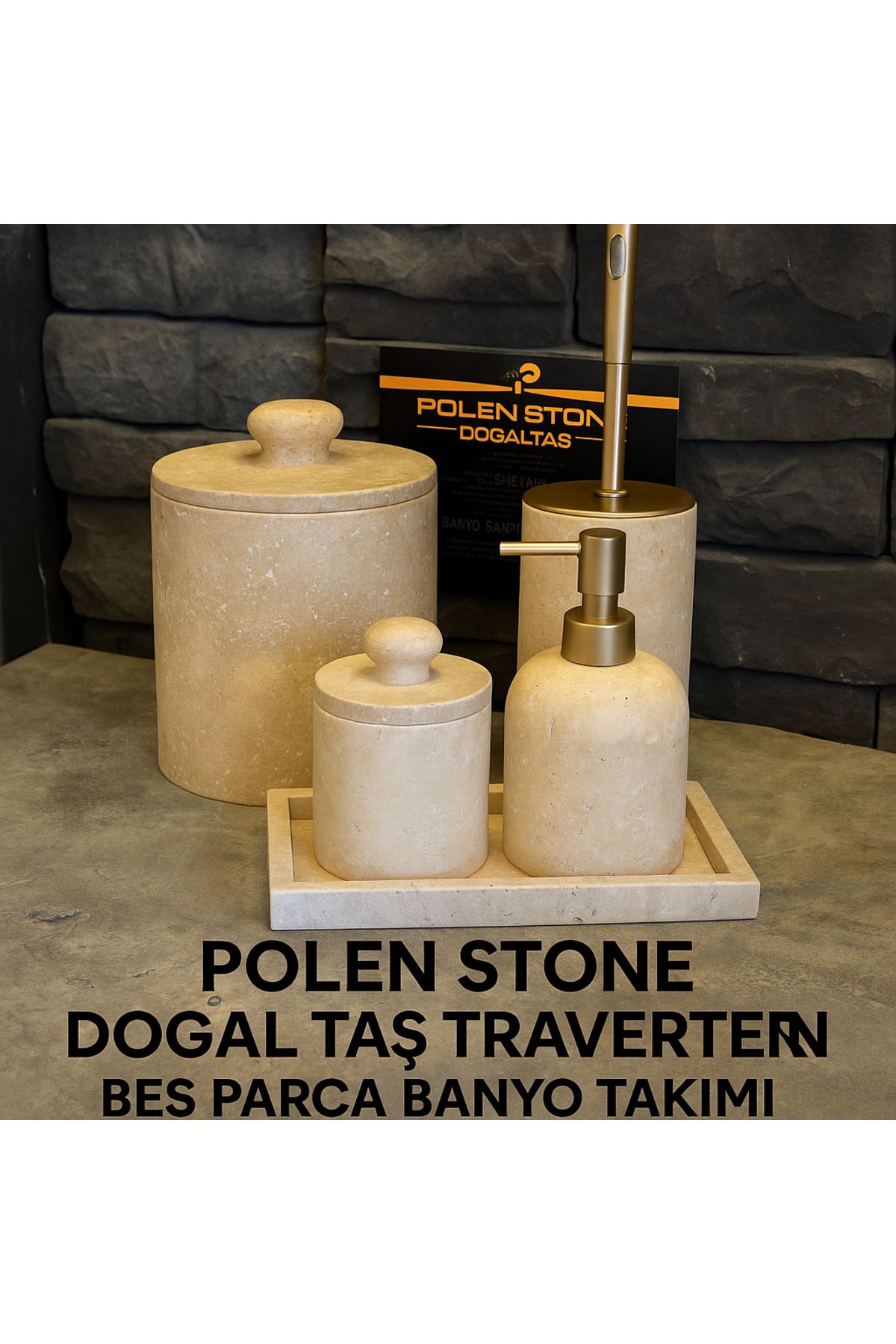 Polen Stone Doğal Taş Traverten 5 Parça Banyo Seti