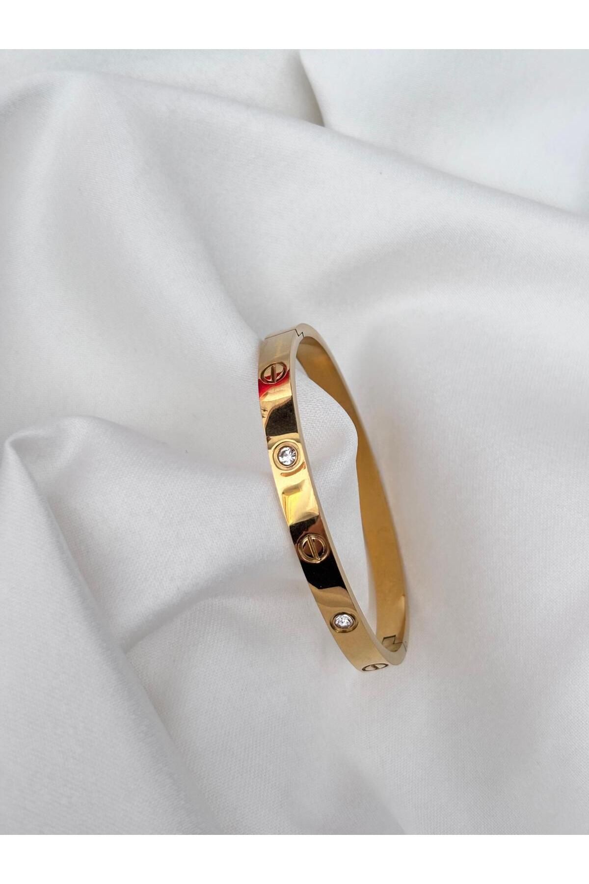 Bellamy Jewelry Çelik Gold Model Kalın Taşlı Kelepçe Bileklik 60mm