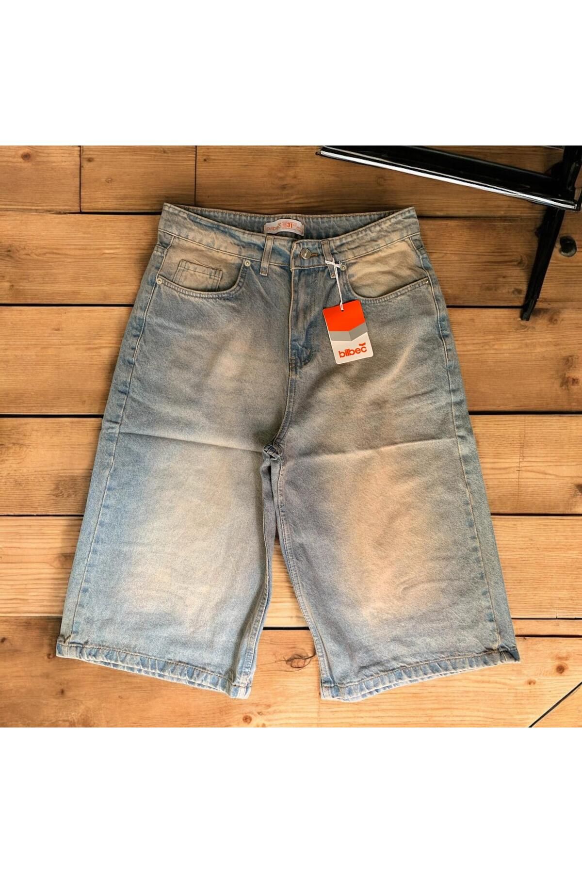 KOTOLOG Unisex Vintage Yıkamalı Retro Kalıp Baggy Jean Kapri Bermuda