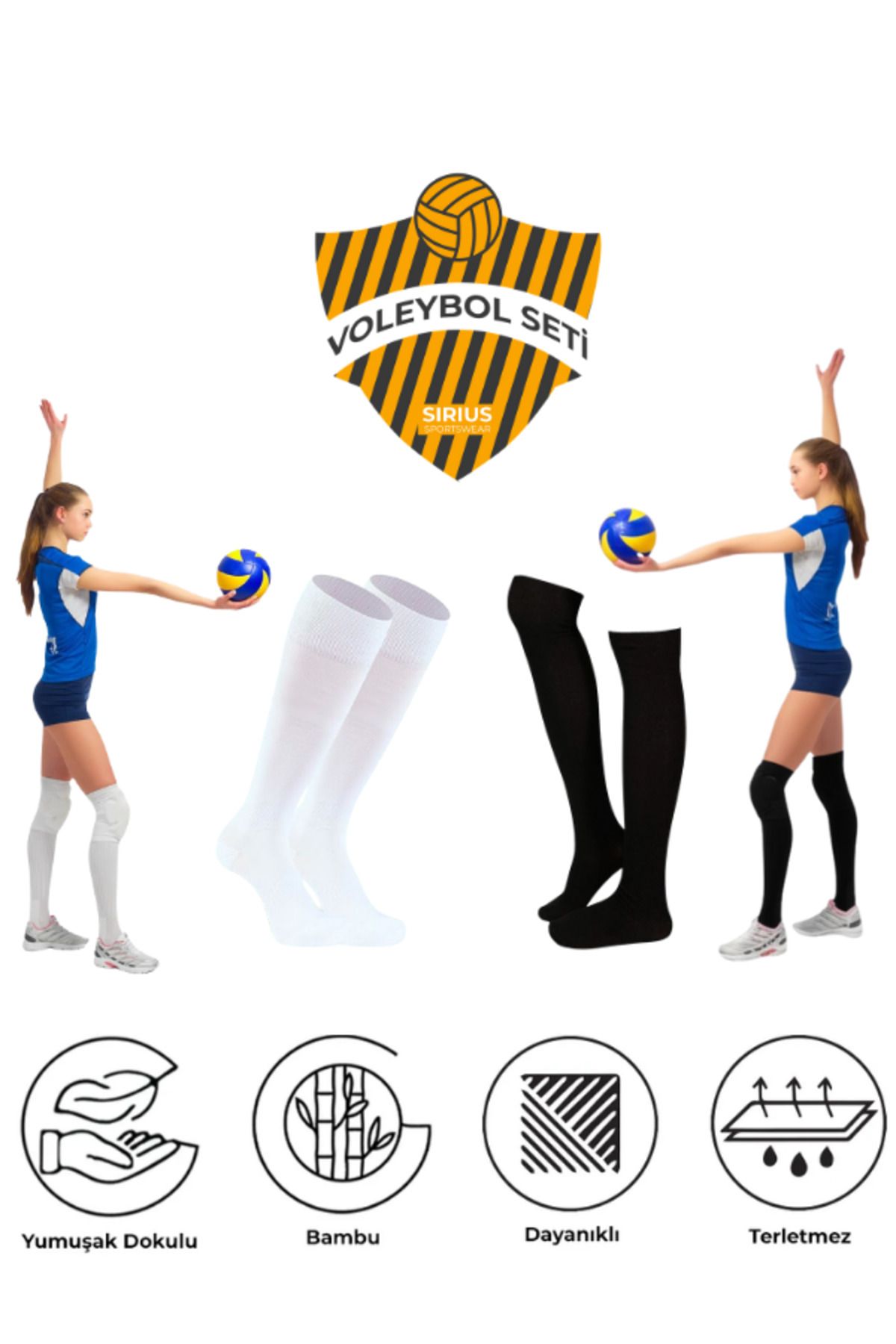 Bellanora 2 Çift Premium Voleybol Siyah Beyaz Uzun Konç Bambu Spor Antrenman Maç Terletmez Kaydırmaz Çoraplar