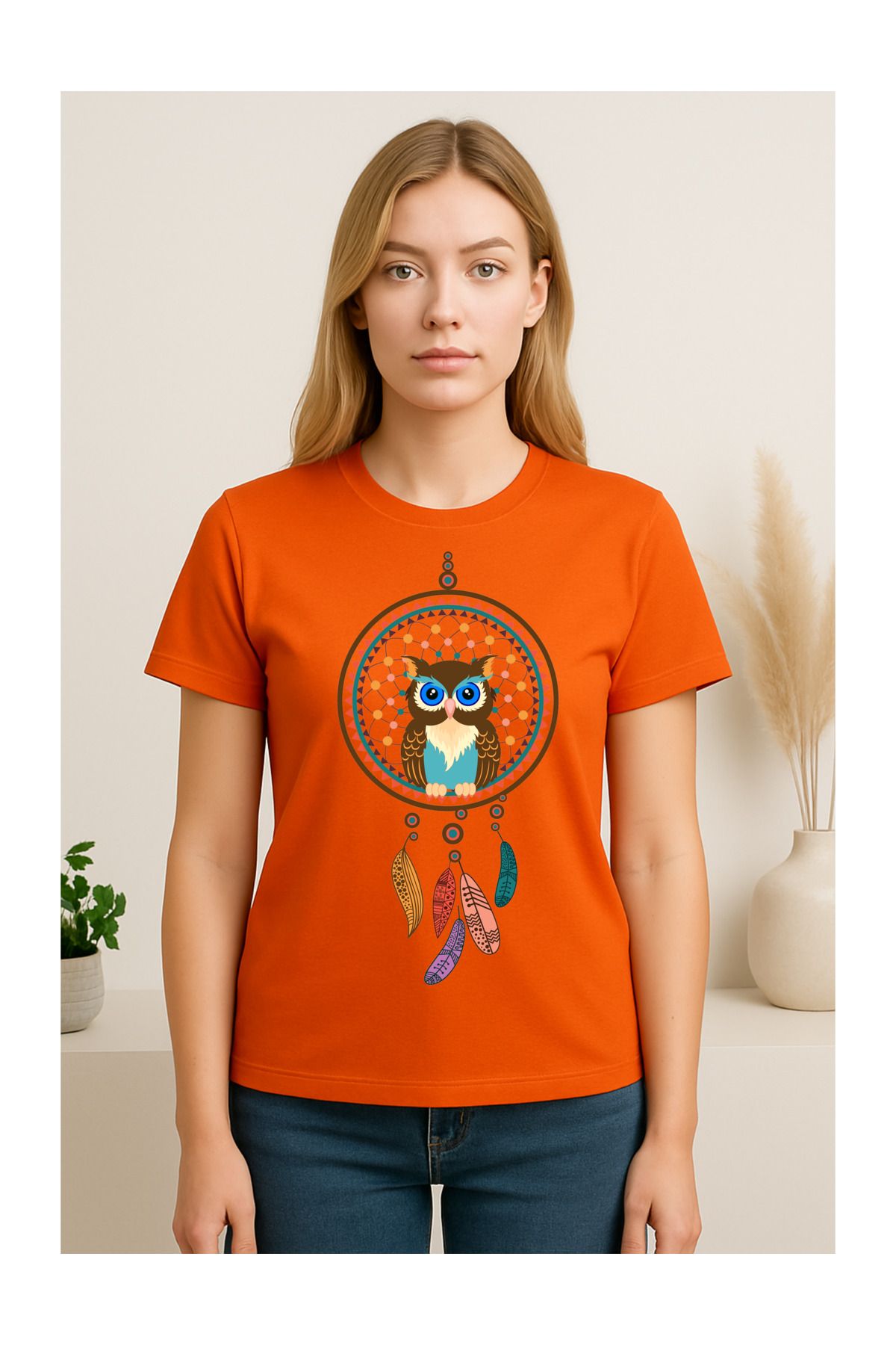 MODA Kısa Kollu, Regular Kalıp, Bohem Desen (Baykuş), Kadın TSHIRT
