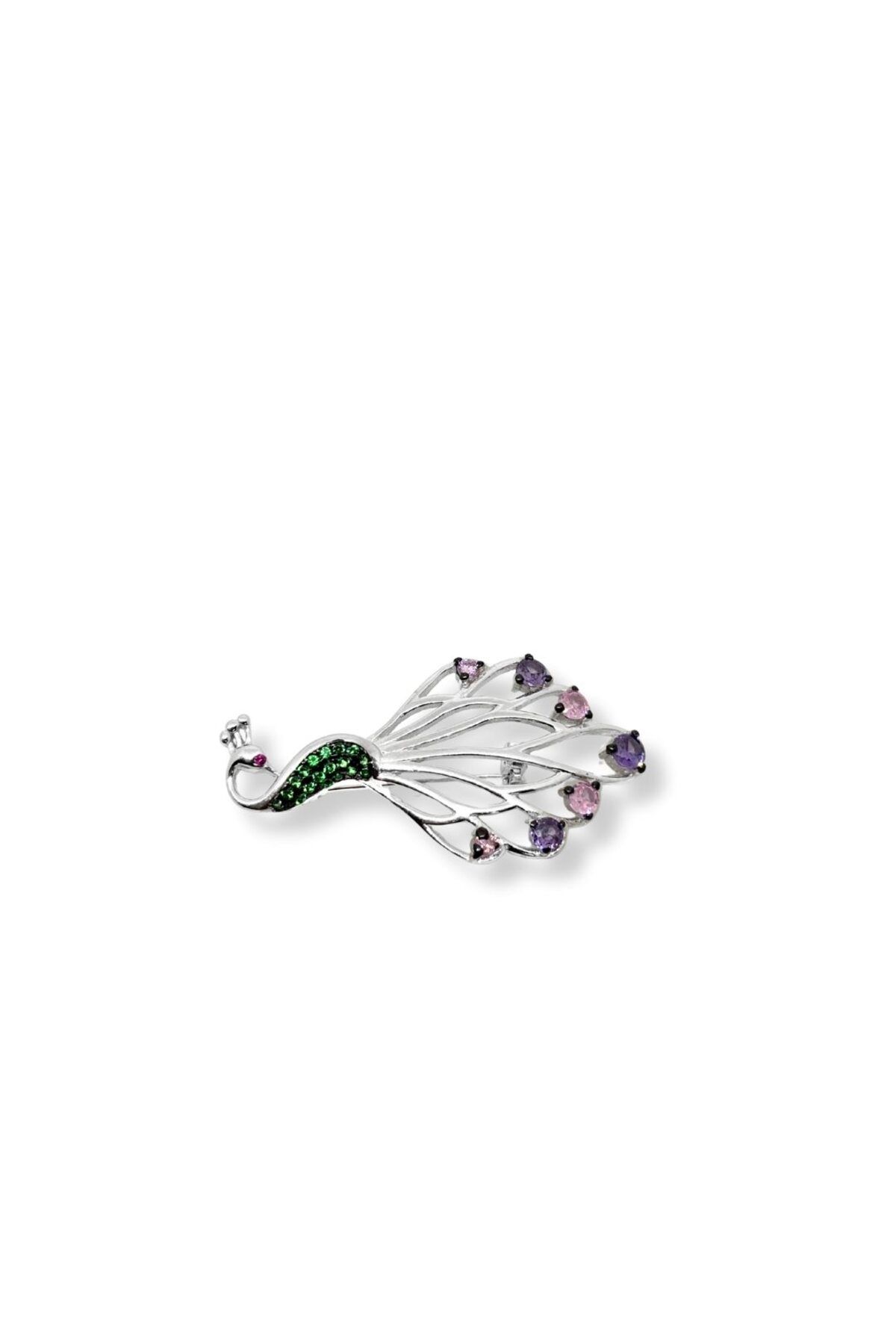 oya silver Pembe Kuvars & Ametist Taşlı Tavus Kuşu Gümüş Broş – 2x4 cm