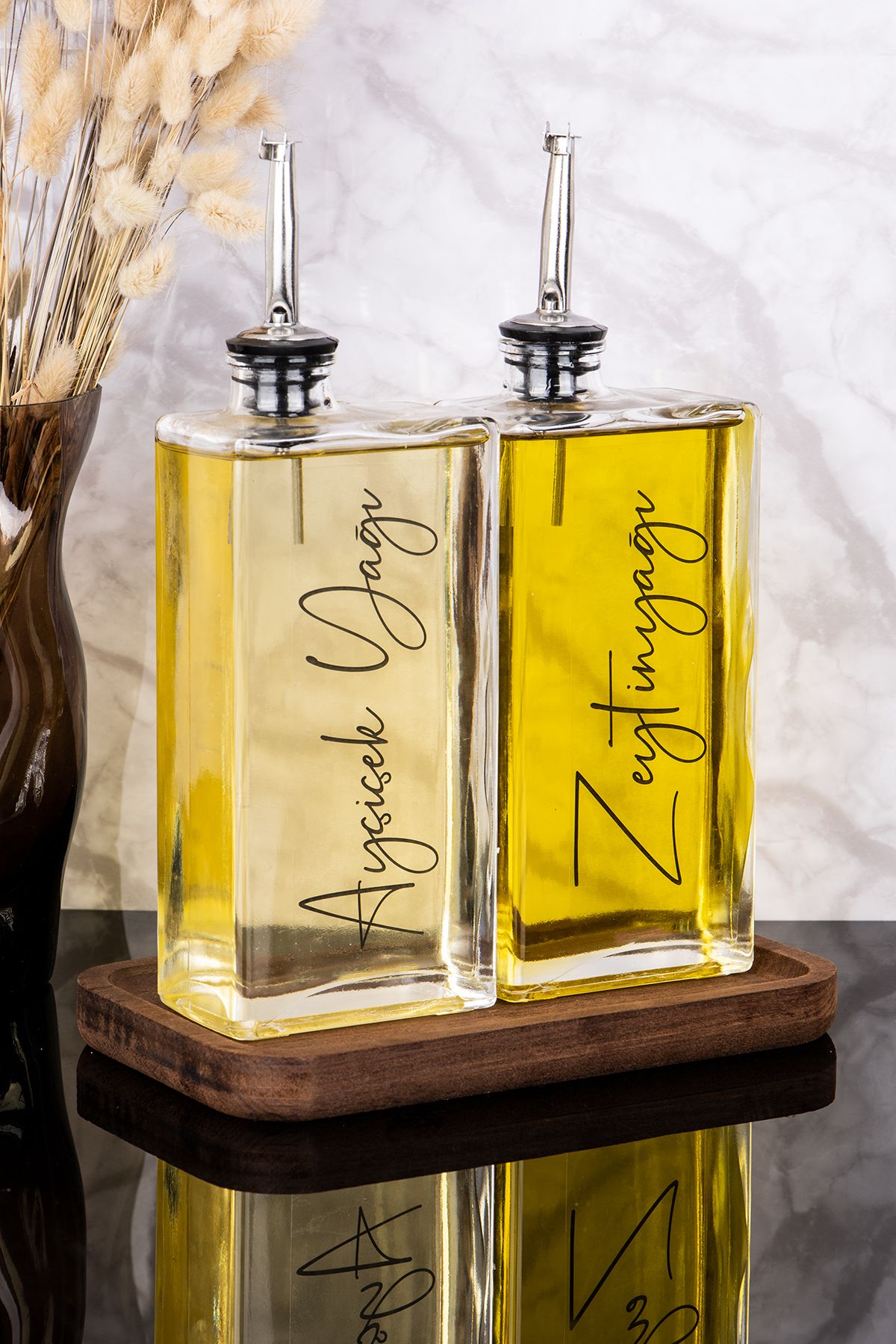 Dolkin Home 2li Lüx 500ml Yağdanlık Ahşap Standlı Silver Kapak Cam Yağlık Zeytinyağı AyçiçekYağı Sosluk Sirkelik