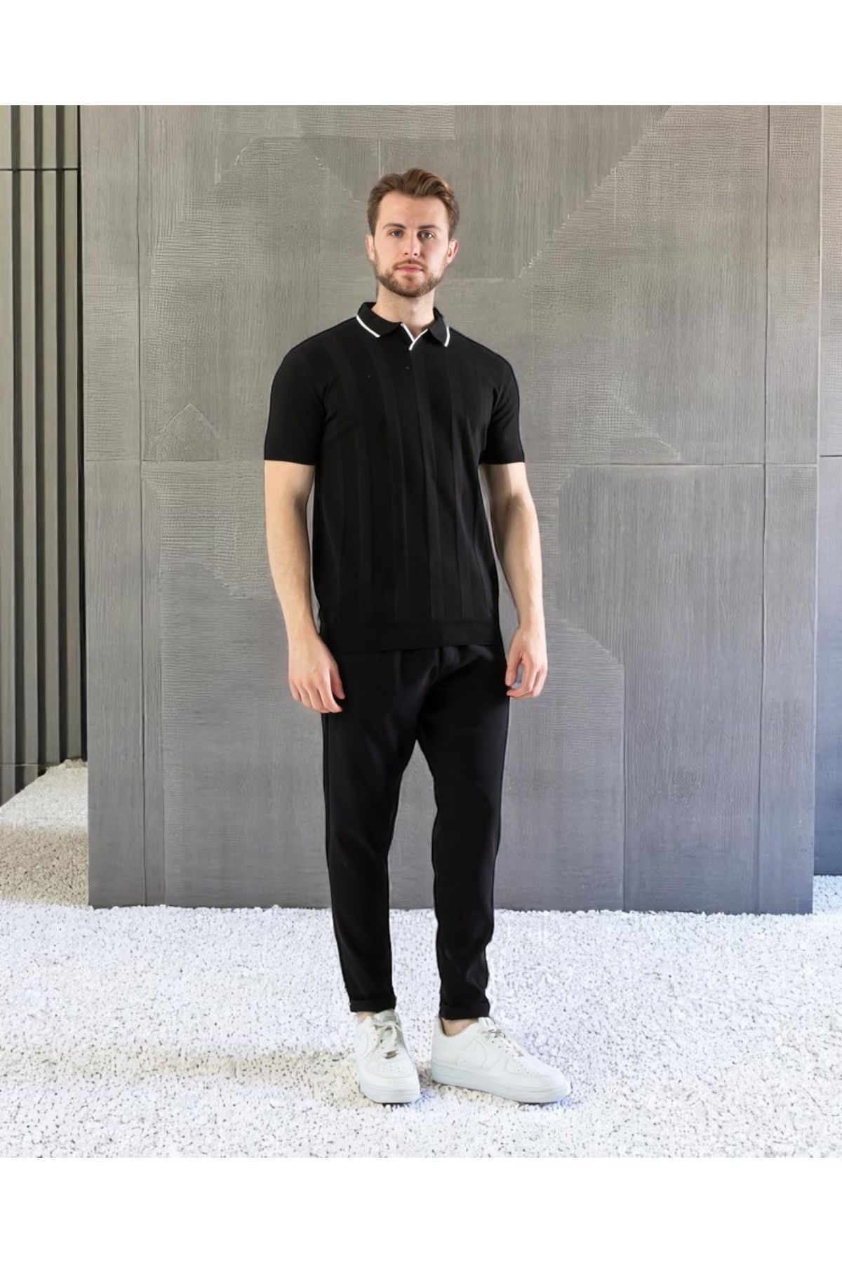 VOGUEMET Erkek Polo Yaka Örgü Tişört | Dikey Desenli Kısa Kollu Yazlık Model