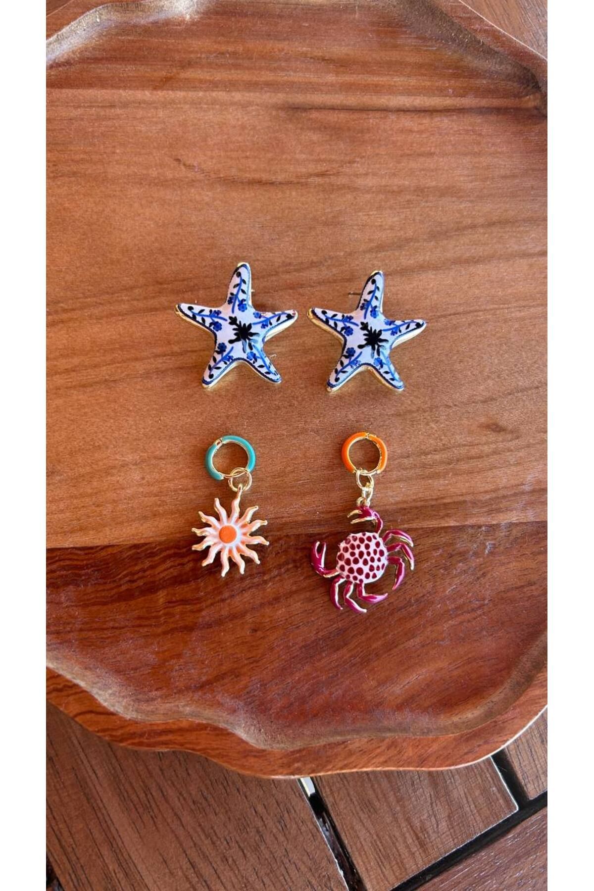 Lune Dor Accessories Marka 4lü Denizyıldızı¥geç Küpe Seti