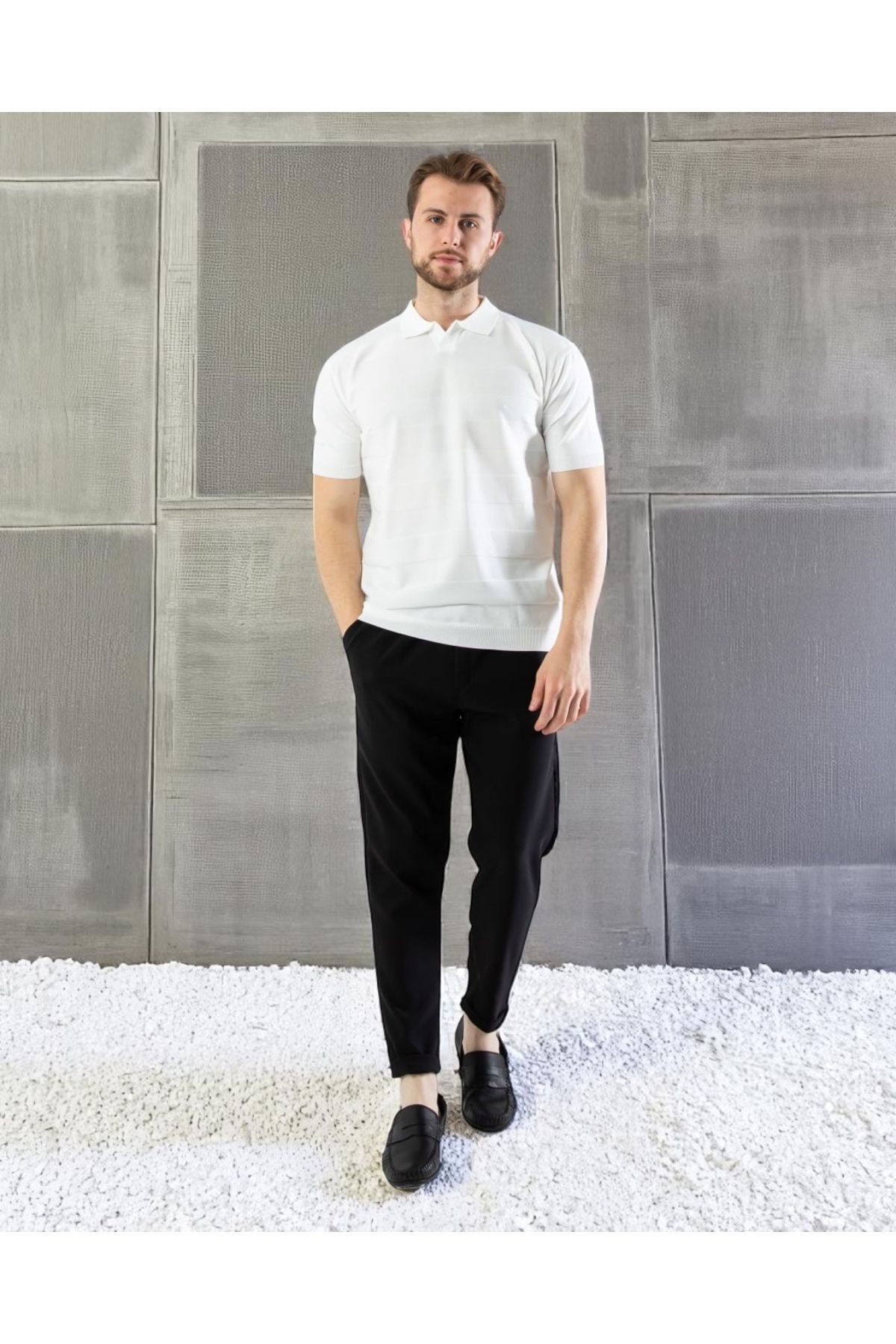 VOGUEMET Erkek Polo Yaka Örgü Tişört | Yatay Desenli Yazlık Rahat Kalıp