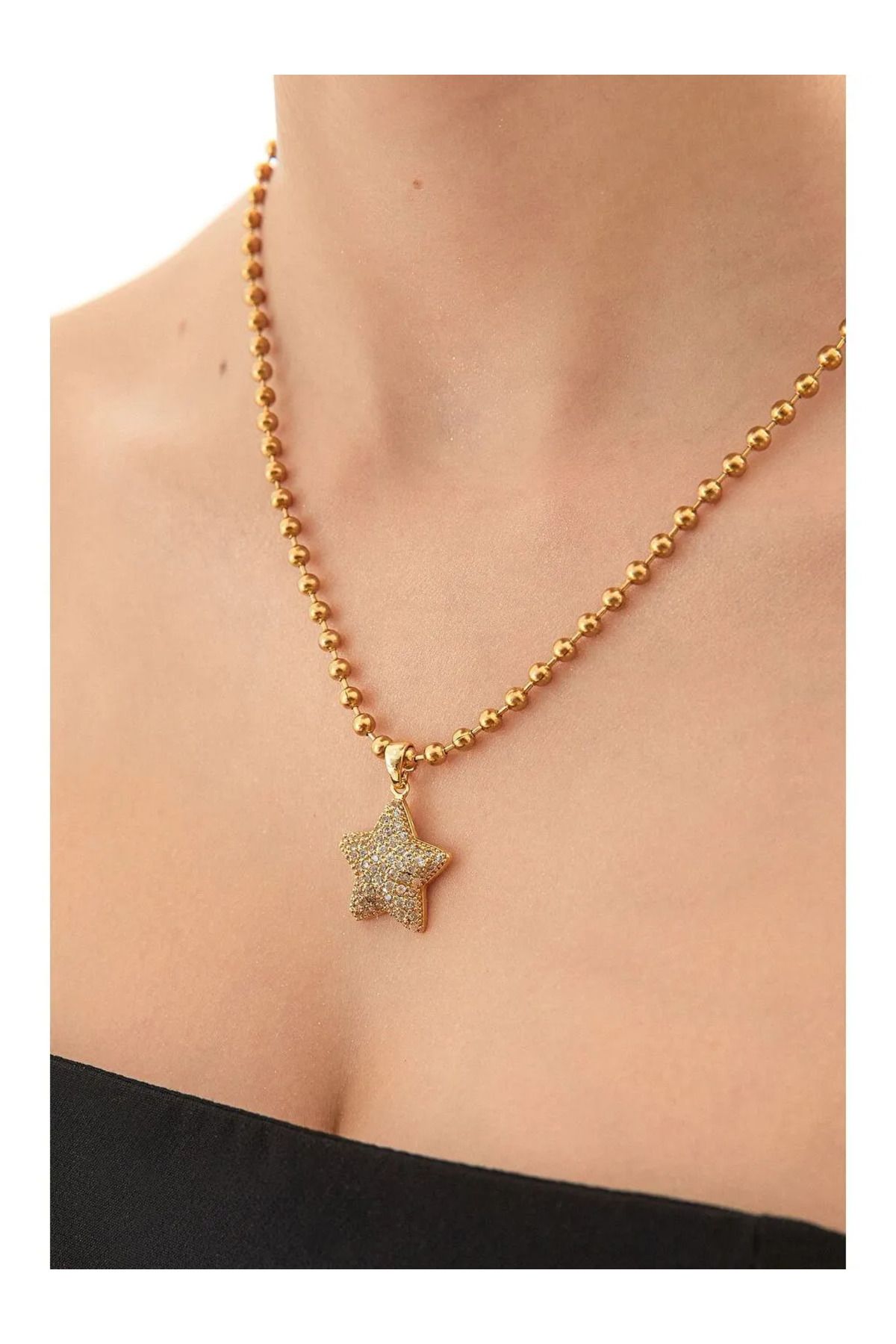 Finesa Jewelry Çelik, Topçuk Zincir Model , Zirkon Taşlı Yıldız Kolye