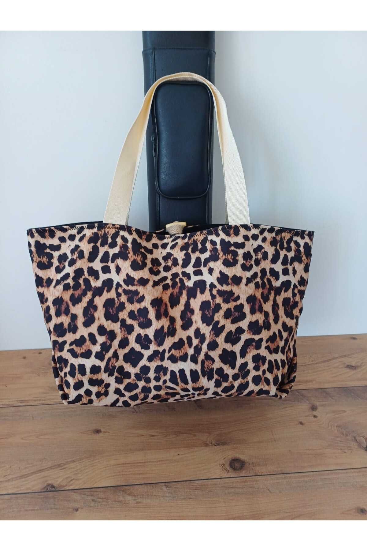 Tüylü Tükkan 35*50 cm Leoparlı Siyah omuz Plaj Çantası