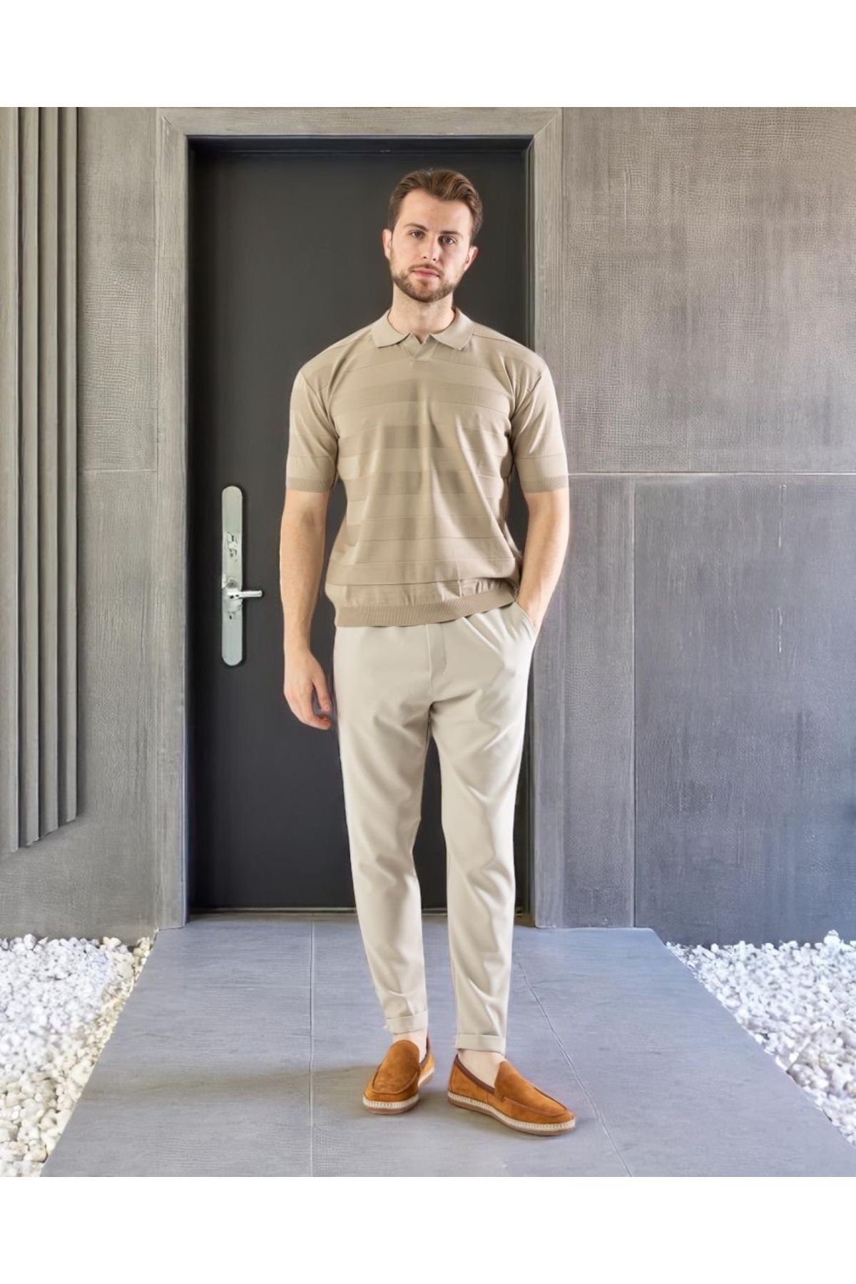 VOGUEMET Erkek Polo Yaka Örgü Tişört | Yatay Desenli Yazlık Rahat Kalıp