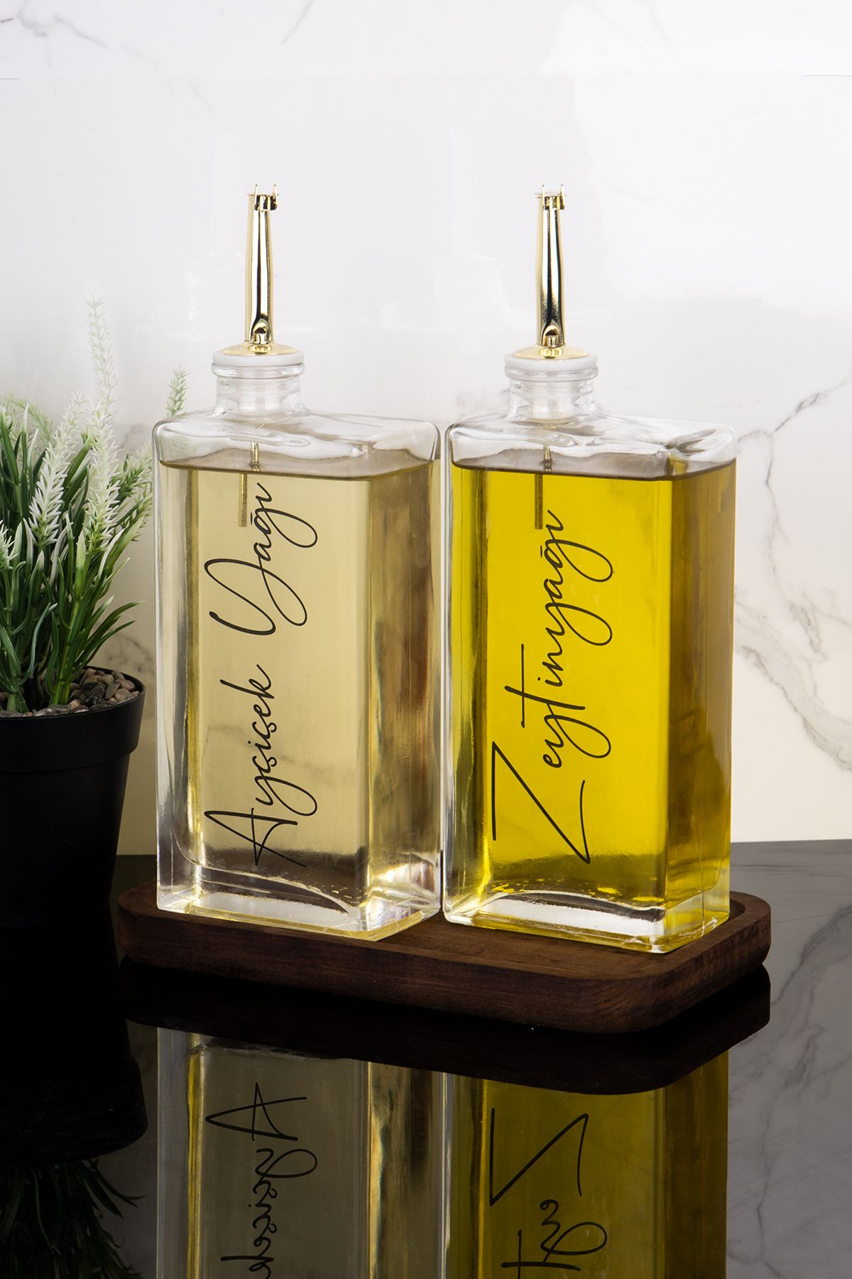 Dolkin Home 2li Lüks 500ml Yağdanlık Ahşap Standlı Gold Kapak Cam Yağlık Zeytinyağı Ayçiçek Yağı Sosluk Sirkelik