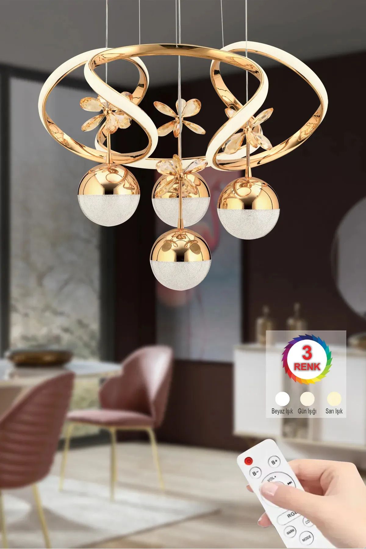 ledchord Modern Dimmerli 3 Renk Salon Mutfak Oturma Odası Avize Gold Sarı Led Avize