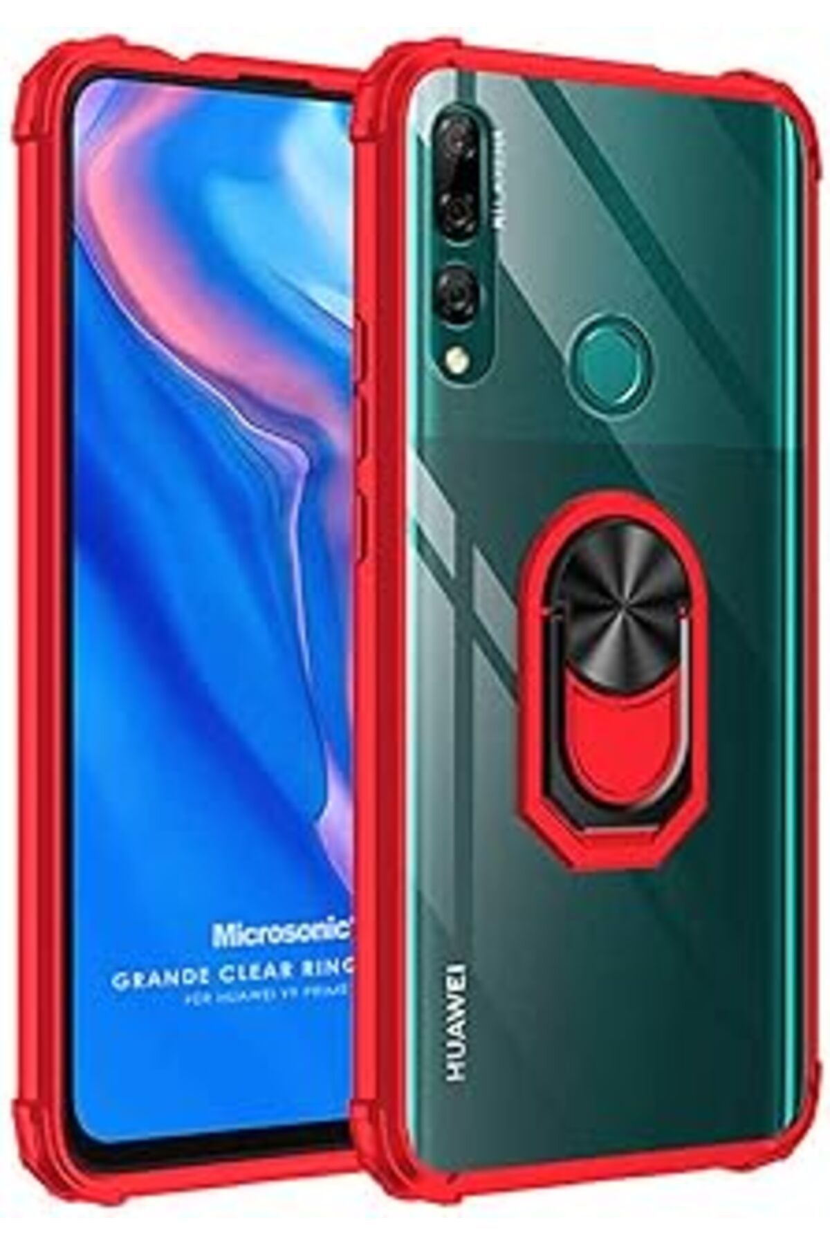 Qedii Microsonic Huawei Honor 9X Için Kılıf Grande Clear Ring Holder Kırmızı [Honor 9X Ile Uyumlu Kılıf -