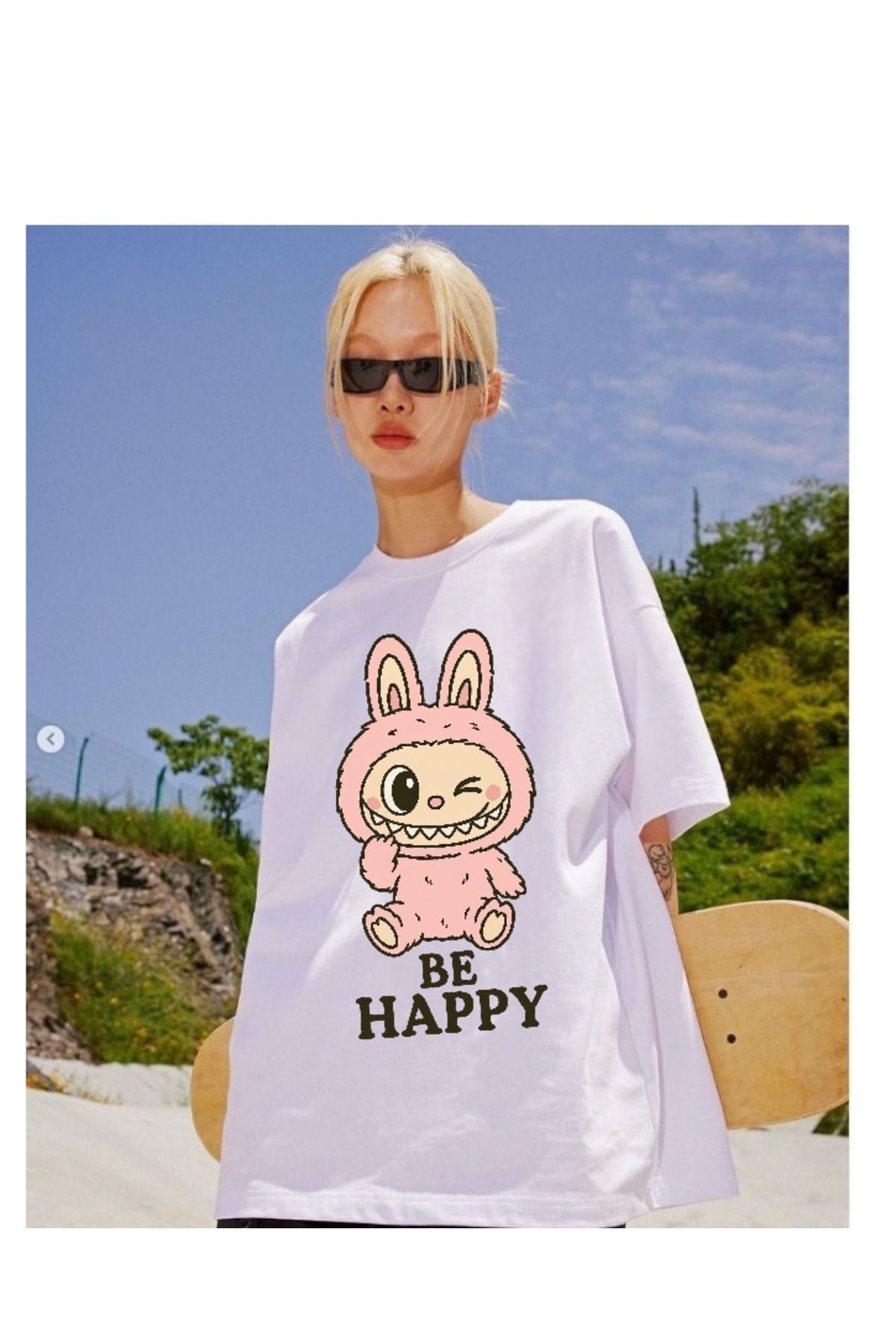 Minga London Beyaz Be Happy Labubu Baskılı Oversize Tshirt -Minga London