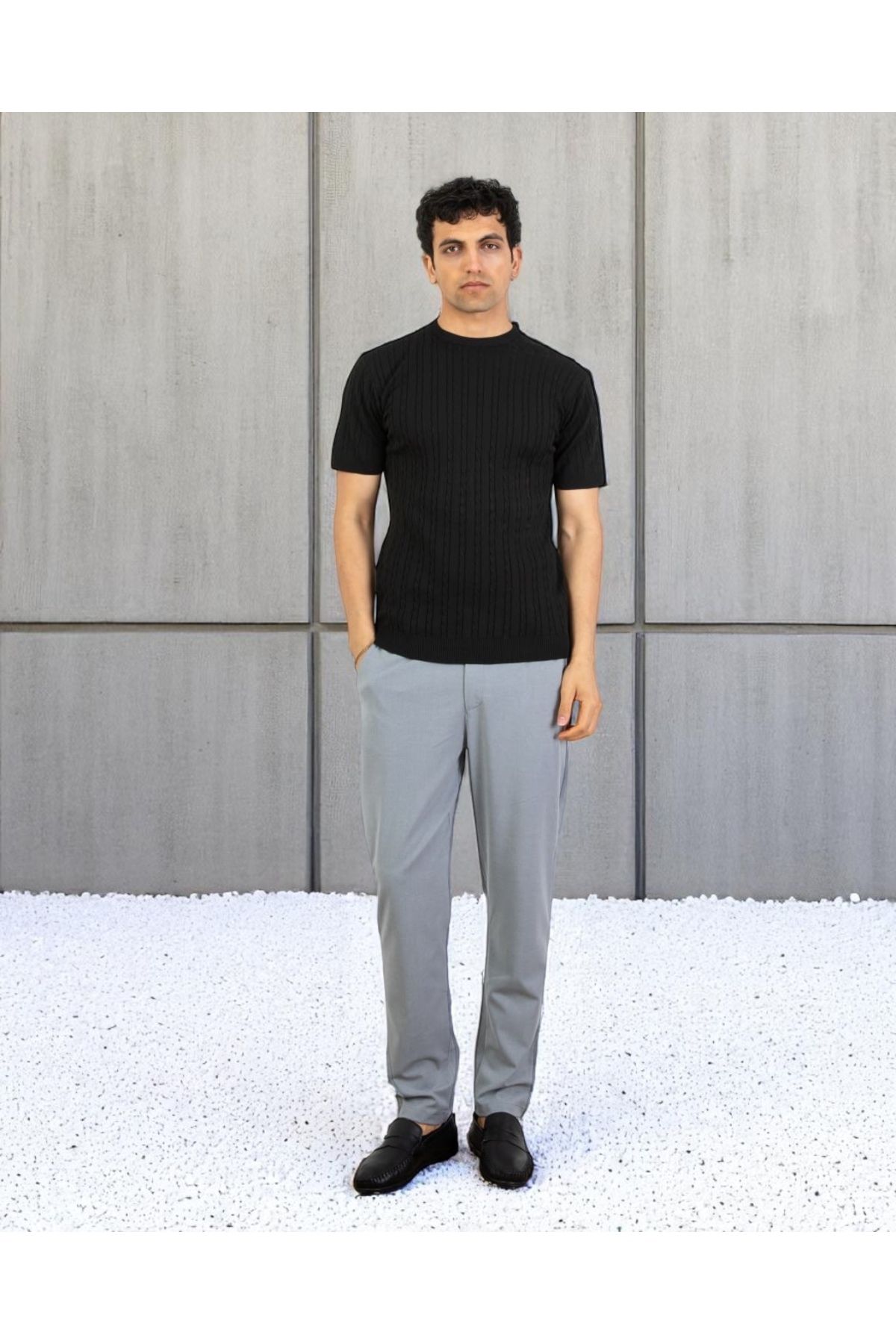 VOGUEMET Erkek Bisiklet Yaka Örgü Tişört | Yazlık Kısa Kollu Slim Fit Kazayağı Dokulu