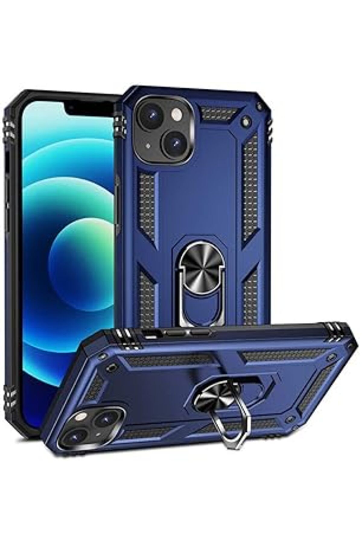 Pazarcan Iphone 14 Plus Ile Uyumlu Kılıf Shockproof Zırhlı Kauçuk Yüzük Tutuculu 360 Derece Dönebilme,100 D
