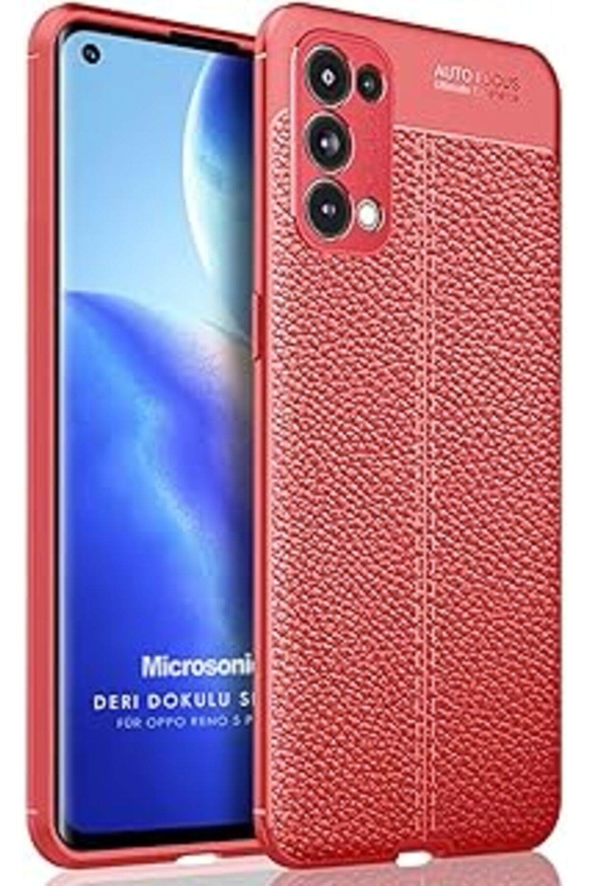 Pazarcan Microsonic Reno 5 Pro 5G Kılıf Deri Dokulu Silikon Kırmızı [Reno 5 Pro 5G Ile Uyumlu Kılıf - Kırmız