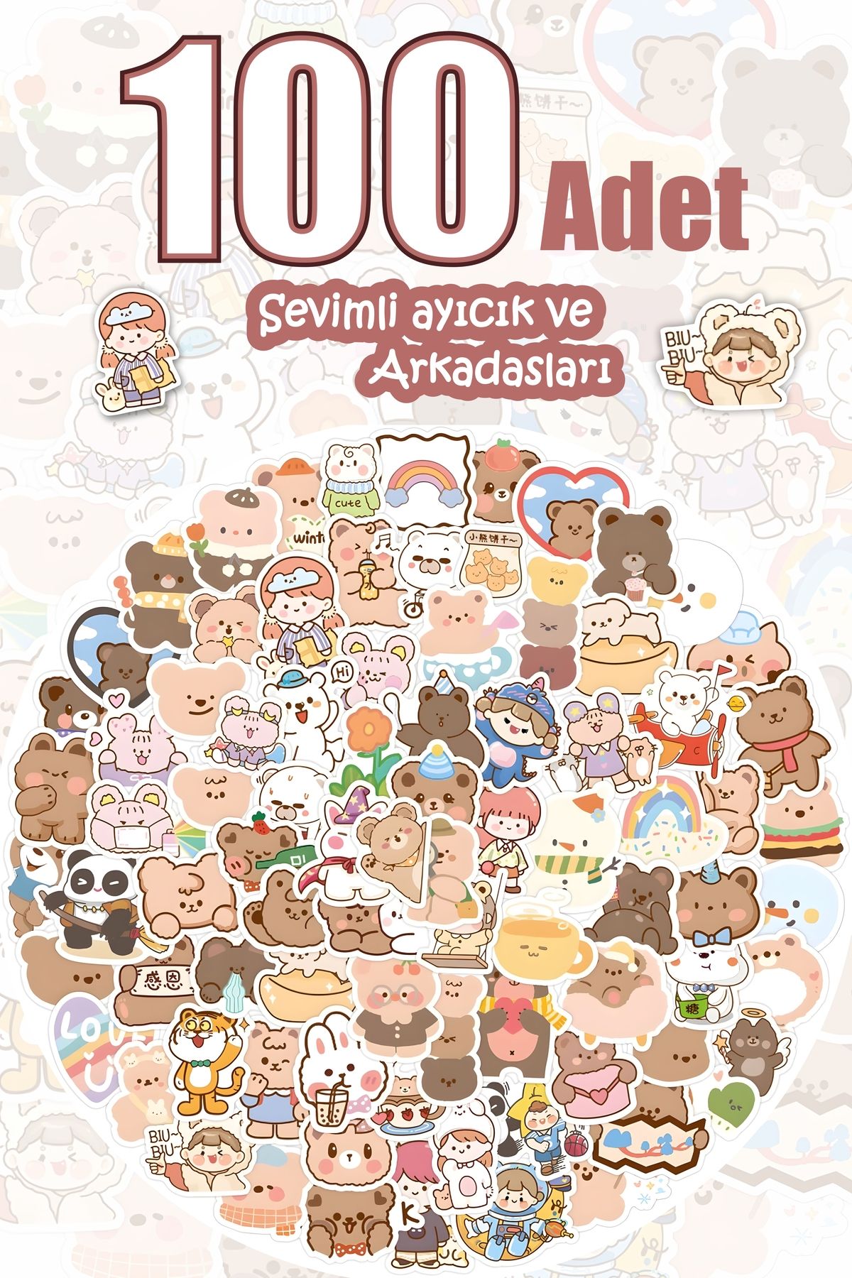 Grafikup Sevimli Ayıcık ve Arkadaşları Sticker Seti - 100 Adet Kalem Laptop Defter Suluk Etiketi