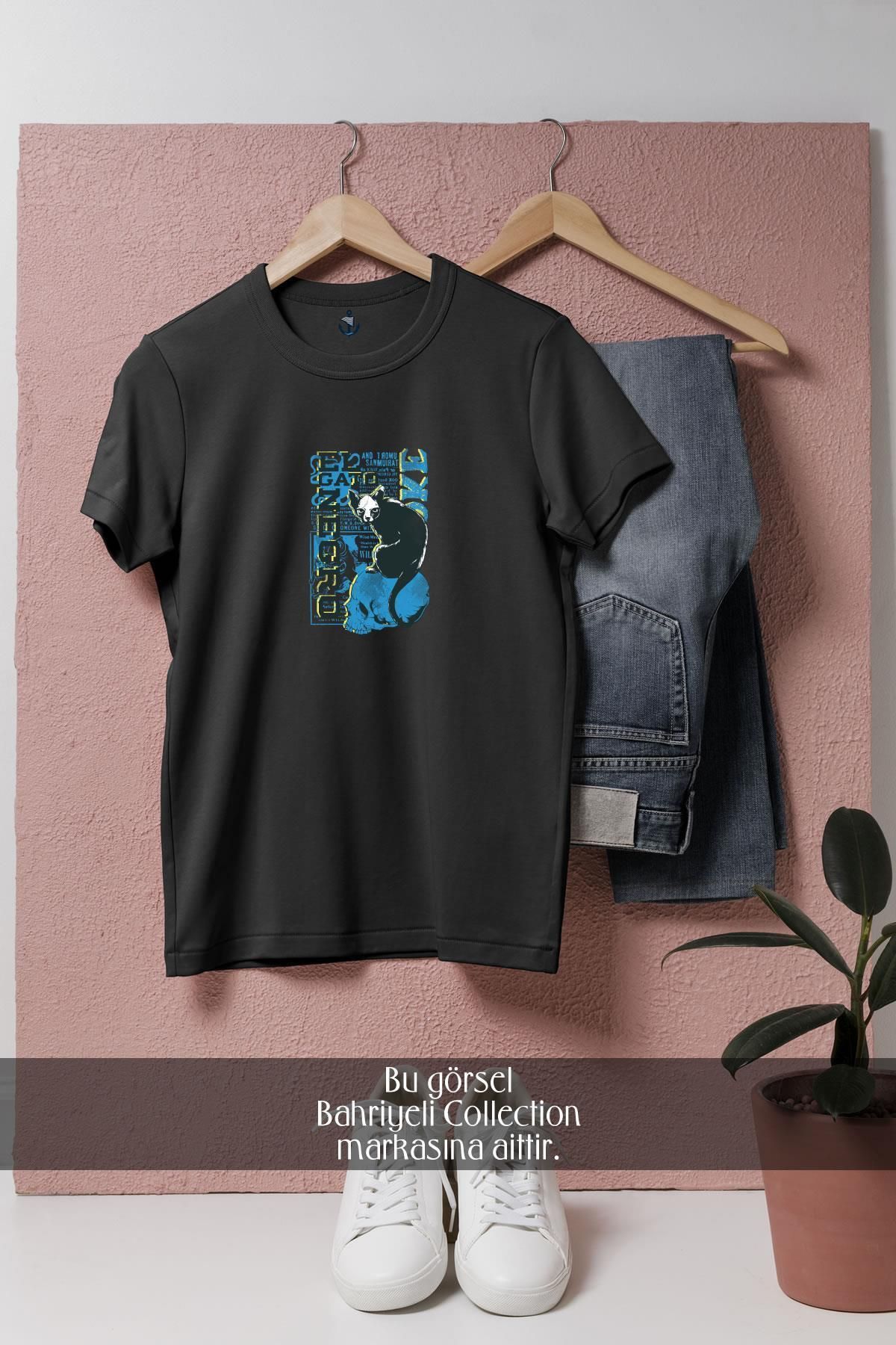 Bahriyeli Collection Oversize El Gato Negro İllustration With Skull Black And Blue Tasarımlı Unisex T-Shirt