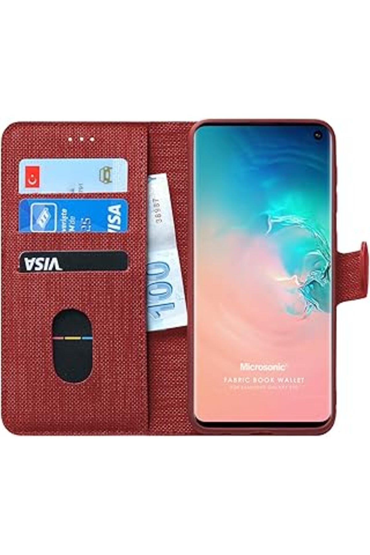 Pazarcan Microsonic Galaxy S10 Kılıf Fabric Book Wallet Kırmızı [Galaxy S10 Ile Uyumlu Kılıf - Kırmızı]