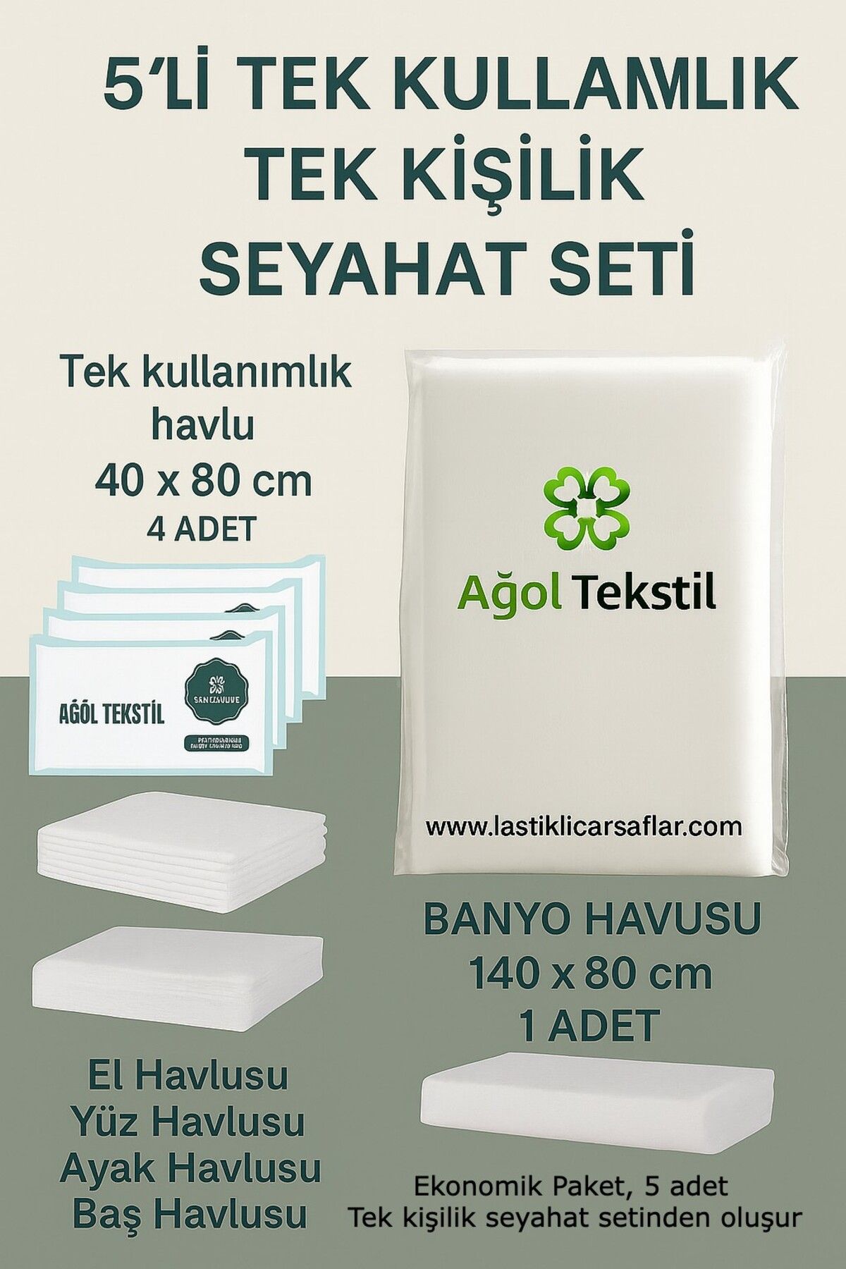 ağol tekstil 5’li Ekonomik Tek Kişilik Seyahat Seti – Nevresim ve Havlu | Refakat & Konaklama
