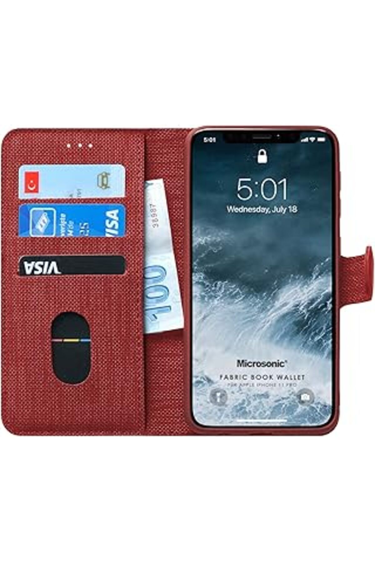 Pazarcan Microsonic Iphone 11 Pro (5.8'') Kılıf Fabric Book Wallet Kırmızı [Iphone 11 Pro Ile Uyumlu Kılıf -