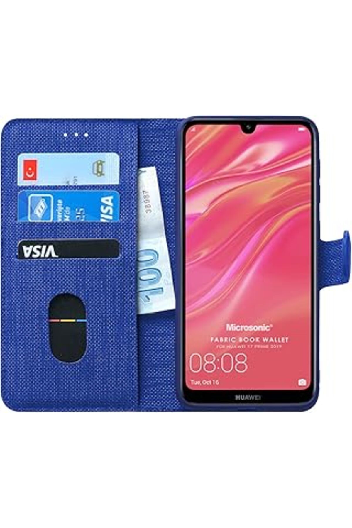Pazarcan Microsonic Huawei Y7 Prime 2019 Kılıf Fabric Book Wallet Lacivert [Y7 Prime 2019 Ile Uyumlu Kılıf -