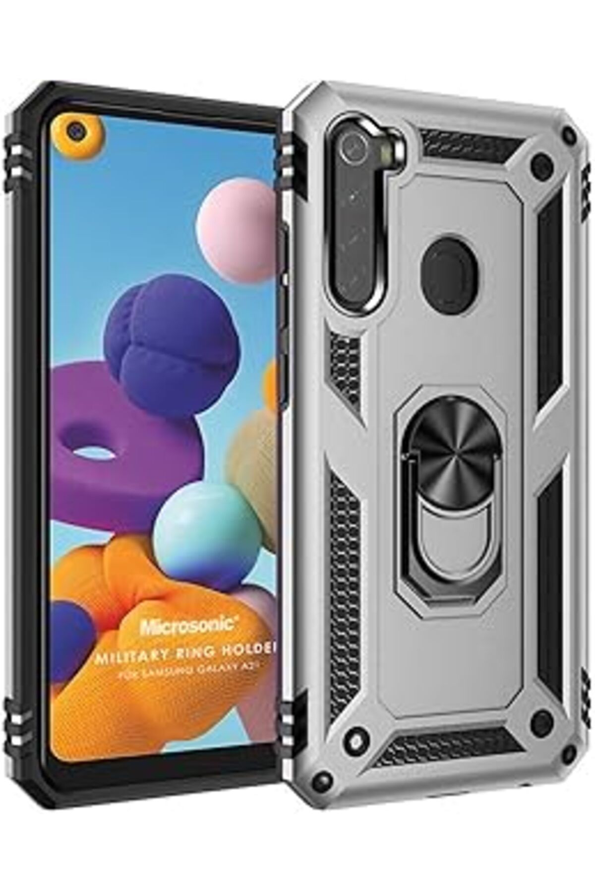 Pazarcan Microsonic Samsung Galaxy A21 Için Kılıf Military Ring Holder Gümüş [Galaxy A21 Ile Uyumlu Kılıf -