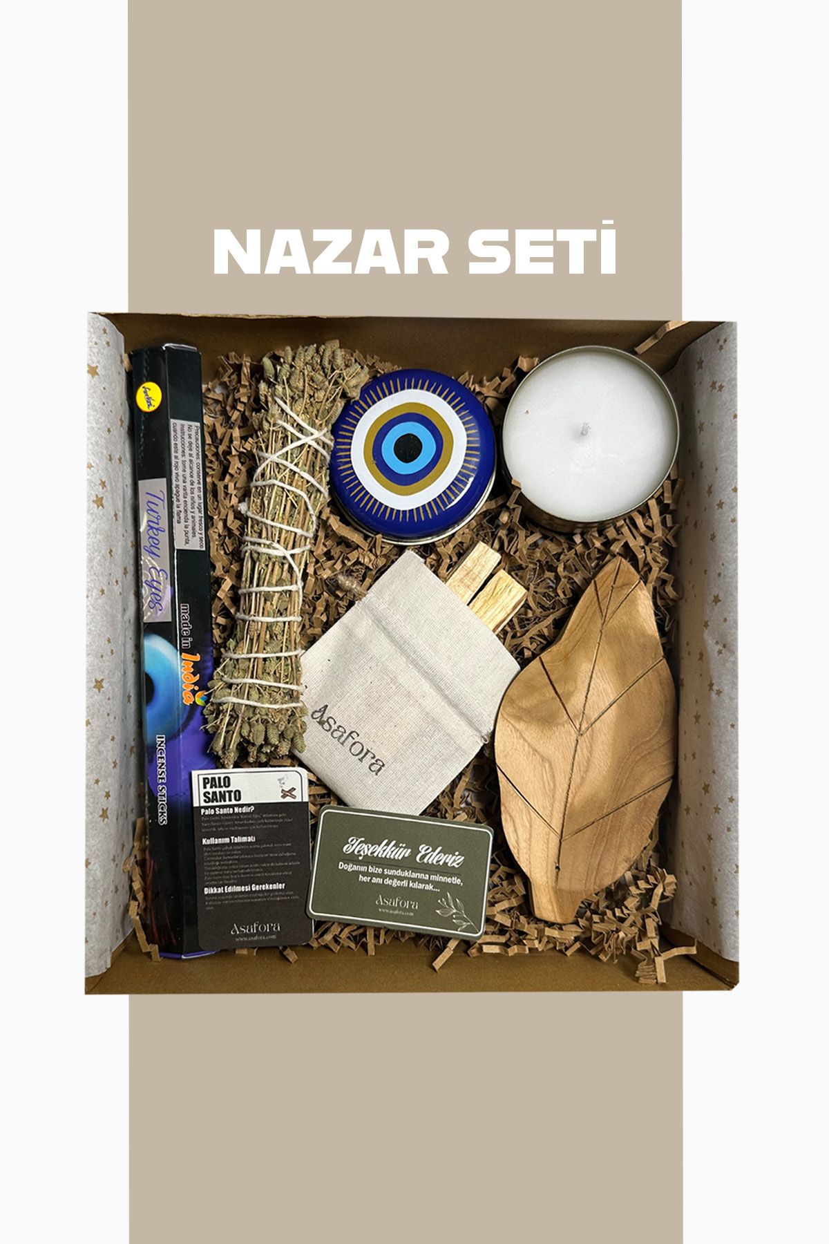 Asafora Hediyelik Nazar Seti-Kekik Tütsü-Metal Kutuda Mum-Yaprak Temalı Çubuk Tütsülük-20'li Tütsü-2 Adet Palo Santo