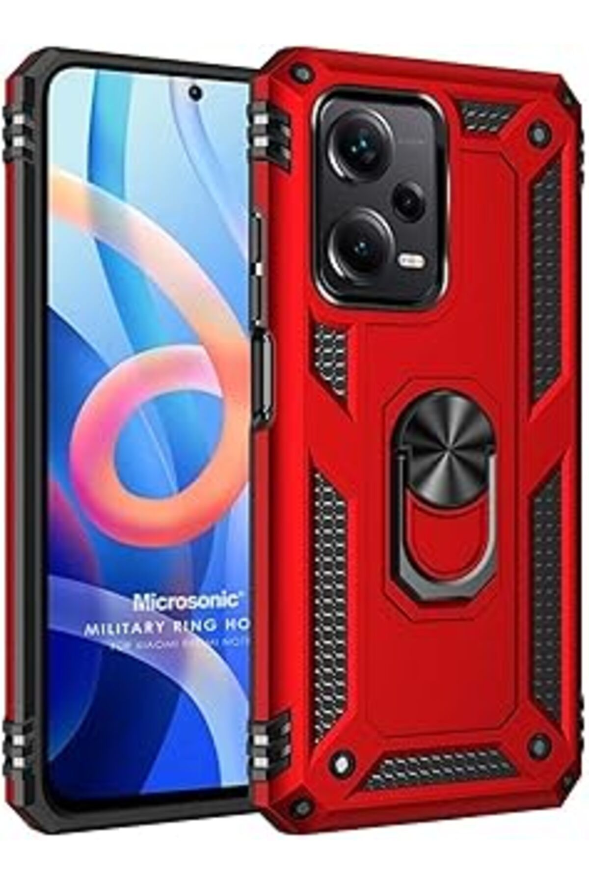 Pazarcan Microsonic Redmi Note 12 Pro+ 5G Kılıf Military Ring Kırmızı [Redmi Note 12 Pro+ 5G Ile Uyumlu Kılı