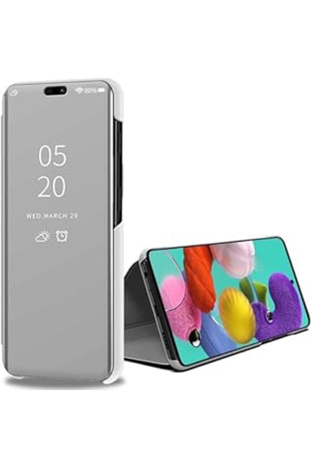 Qedii Huawei P40 Lite/Nova 6 Se Uyumlu Aynalı Kapaklı Standlı Clear View Kılıf (Gümüş Rengi)