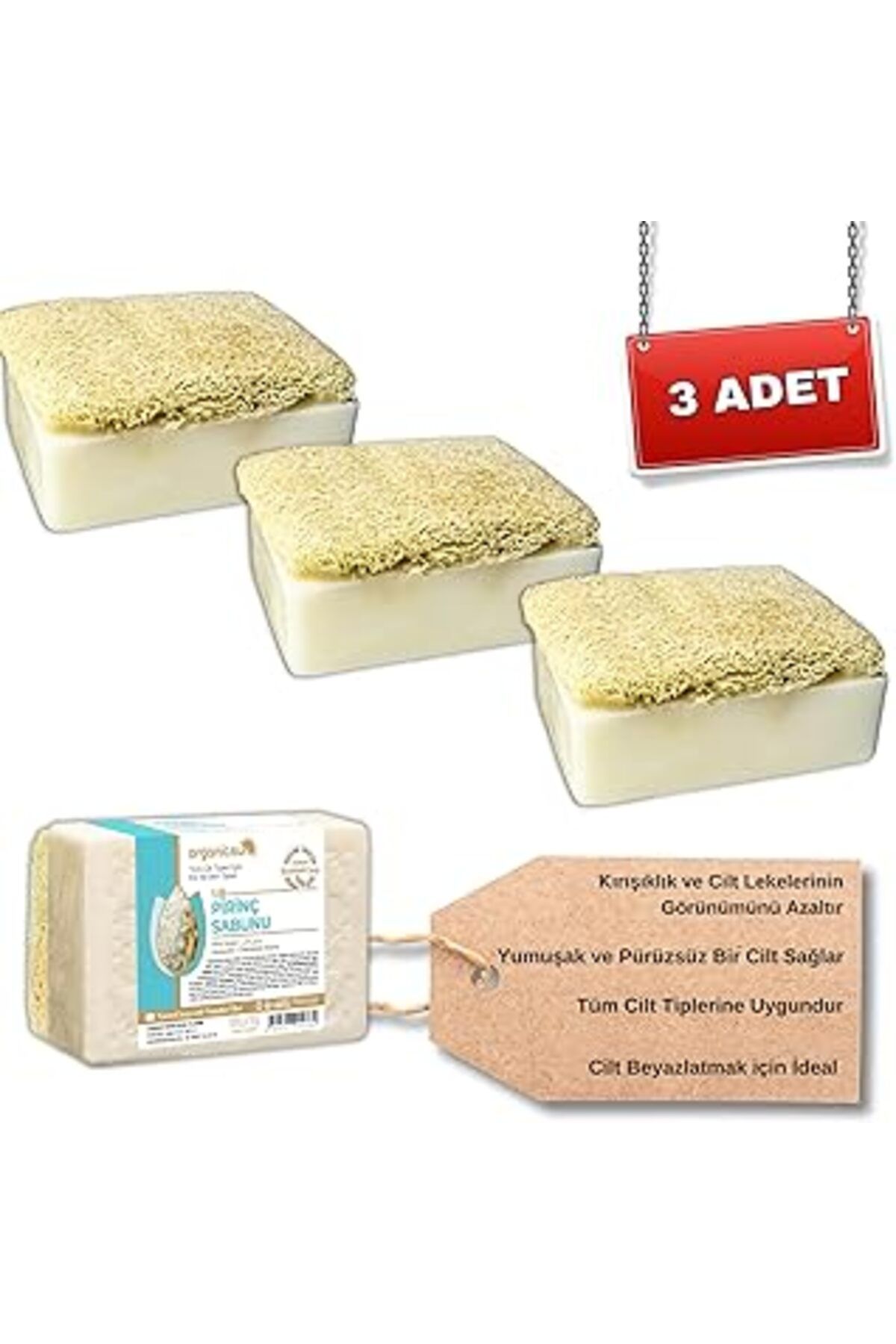Karachil Organicsun Doğal Kabak Lifli Pirinç Sabunu 120 gr X 3 Adet Tüm Cilt Tipleri Için Beyazlatma Etkili